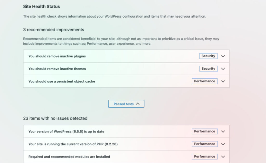 Wordpress Site health status