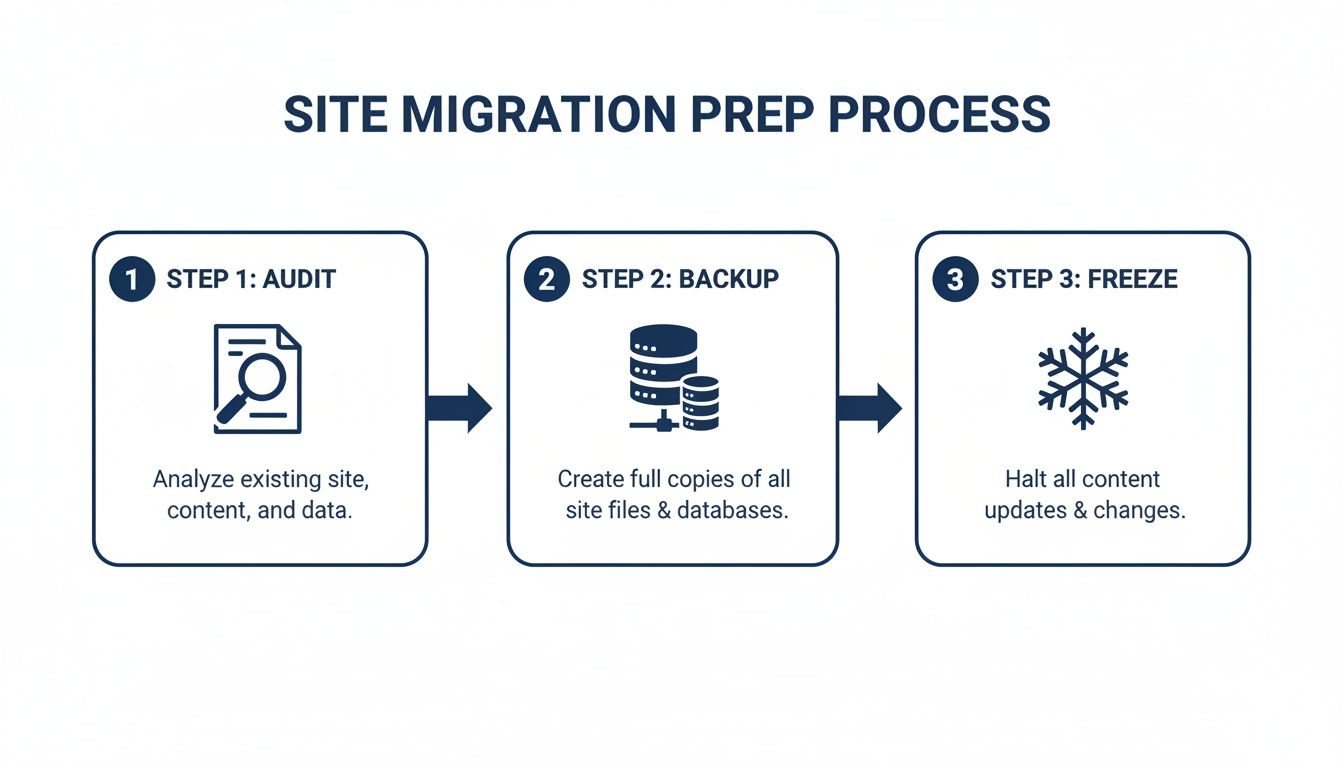 Infographic illustrating the 3-step site migration prep process: audit, backup, and freeze.