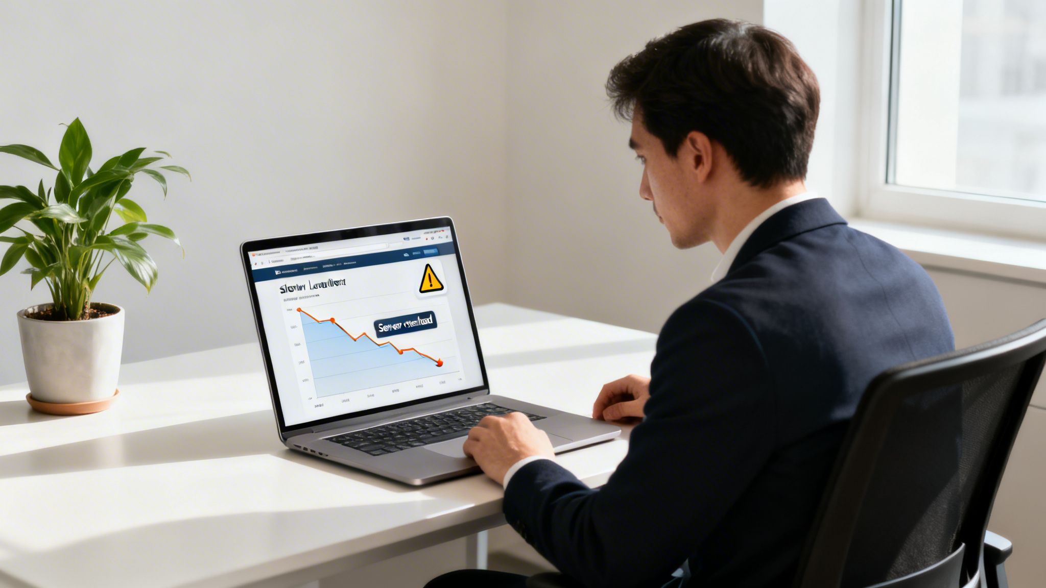 A man looking intently at a laptop screen displaying a server error and a downward trend graph.