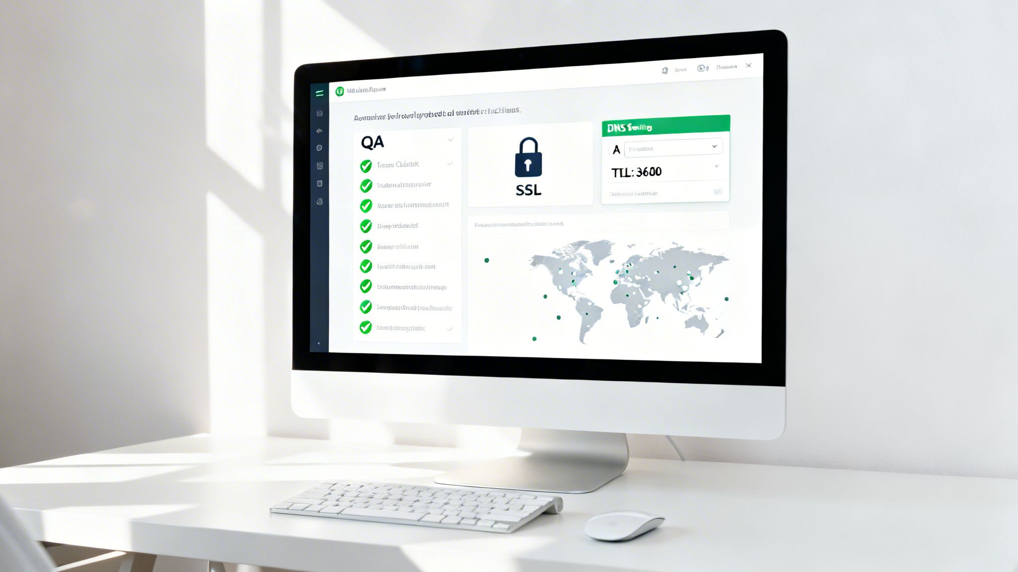 A computer monitor displaying a website management dashboard with QA checks, SSL, DNS settings, and a world map.