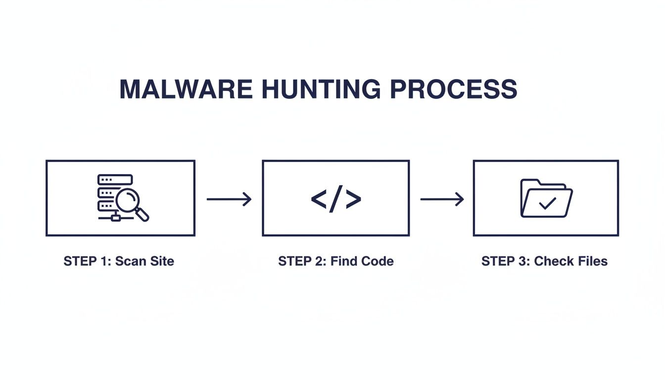 A diagram illustrating a three-step malware hunting process: scan site, find code, and check files.