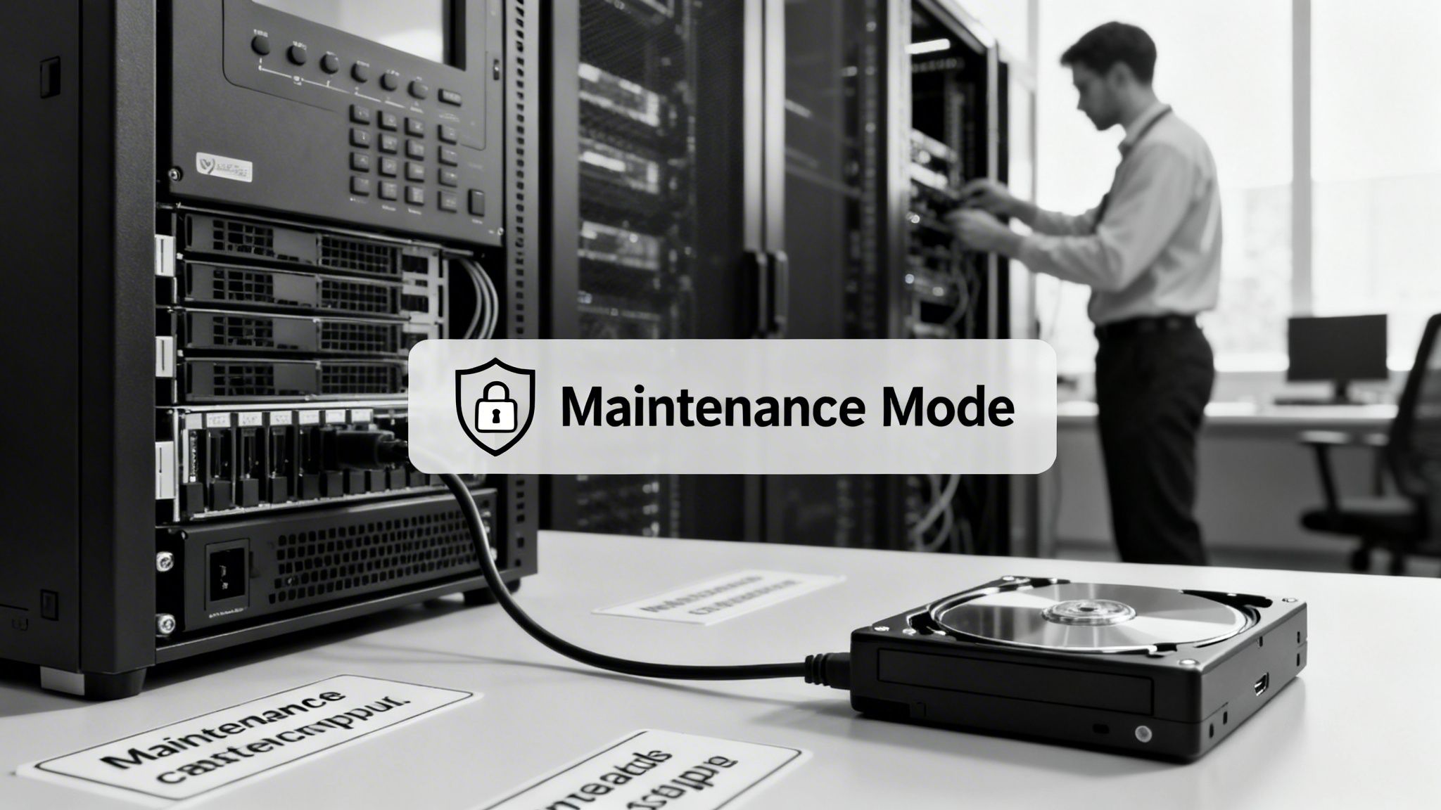 A technician works on server racks in a data center, with a 'Maintenance Mode' overlay and an external drive.