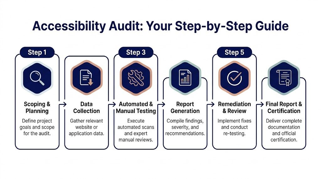 A flowchart showing five steps for conducting an accessibility audit on websites and digital applications.