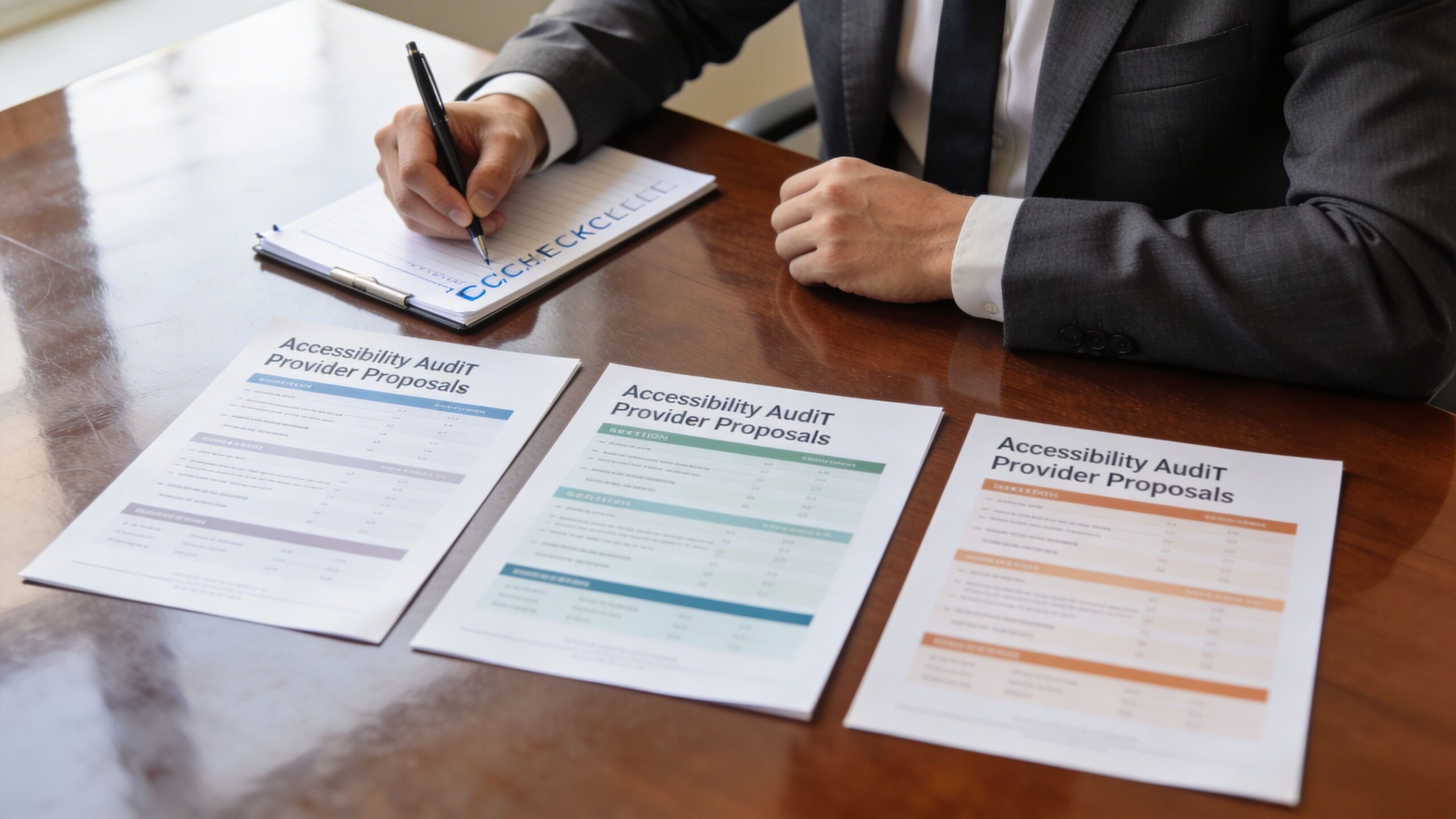 A professional in a suit reviewing accessibility audit provider proposals at a wooden table in an office.