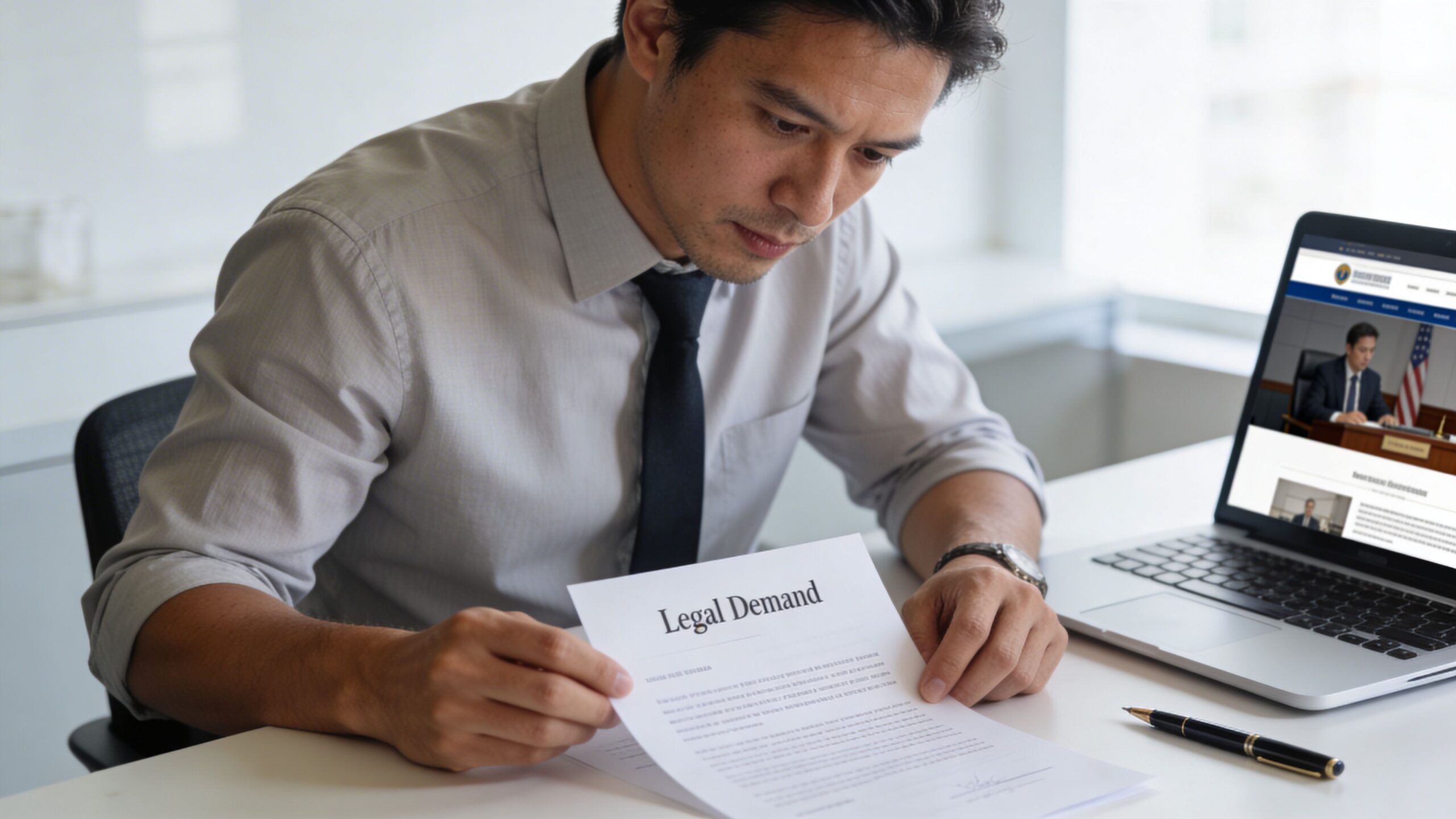 A professional man in a dress shirt and tie reviewing a legal demand letter at his desk.