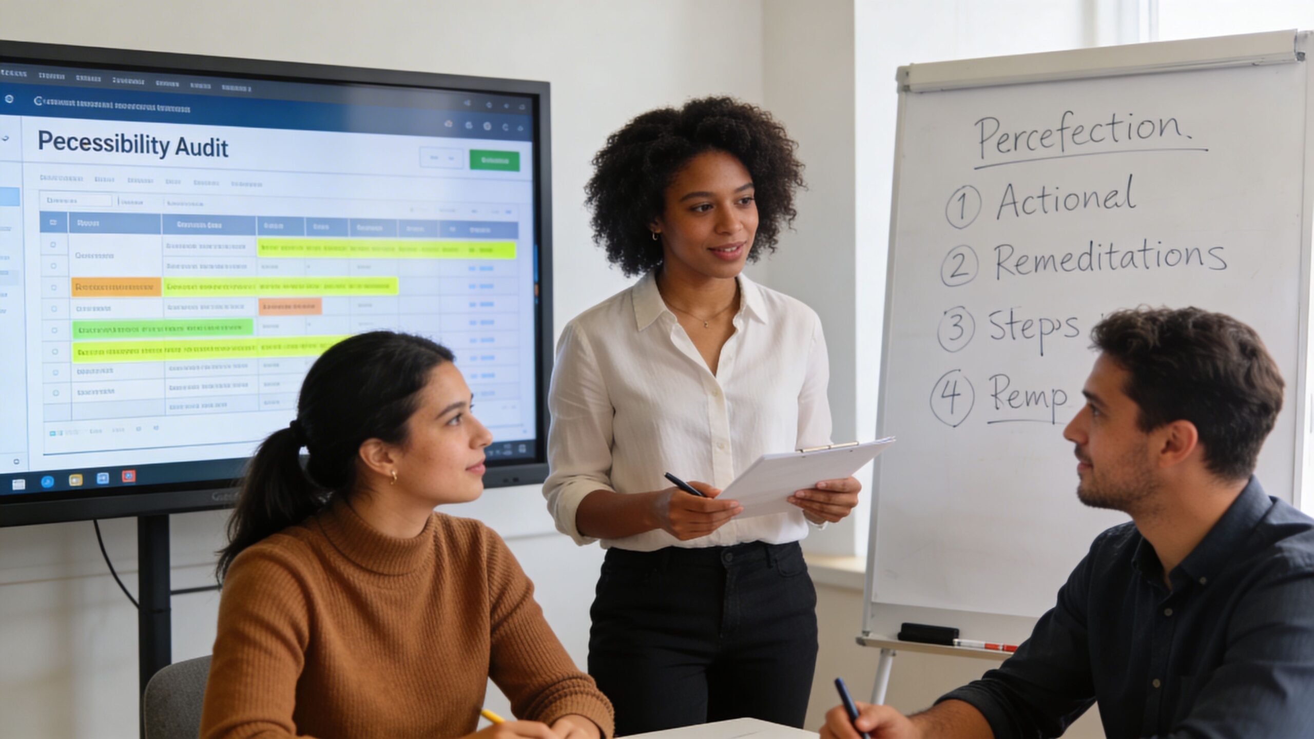 A professional team discussing an accessibility audit presentation in a modern, collaborative office meeting space.