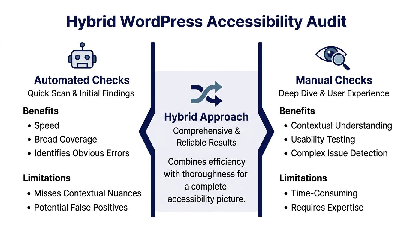 A diagram comparing the benefits and limitations of automated and manual methods in a hybrid WordPress accessibility audit.