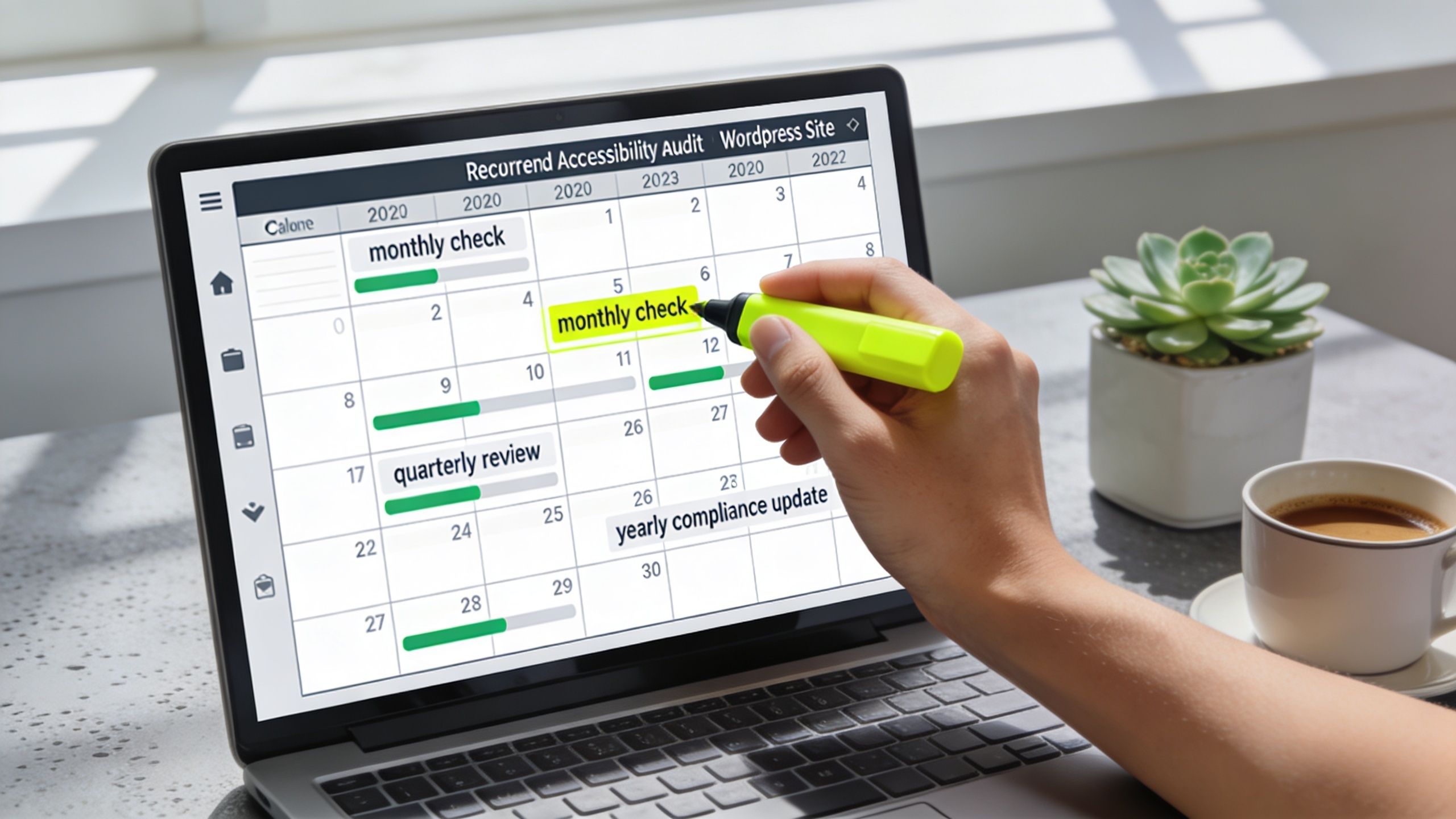 A person using a yellow highlighter on a laptop screen displaying a recurring WordPress website accessibility audit calendar.