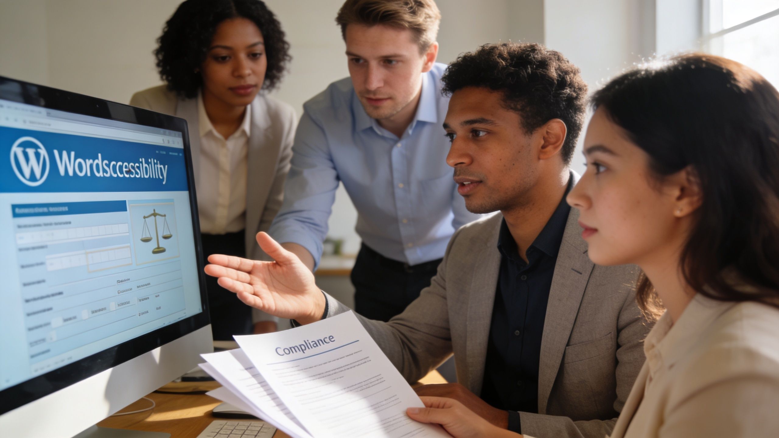 A diverse team of professionals collaborating on website accessibility and legal compliance in an office setting.