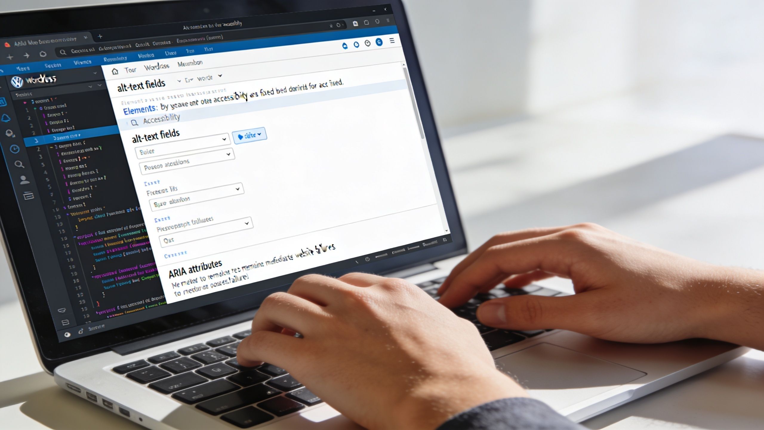 A person typing on a laptop, working on ADA compliance settings in a WordPress website development dashboard.