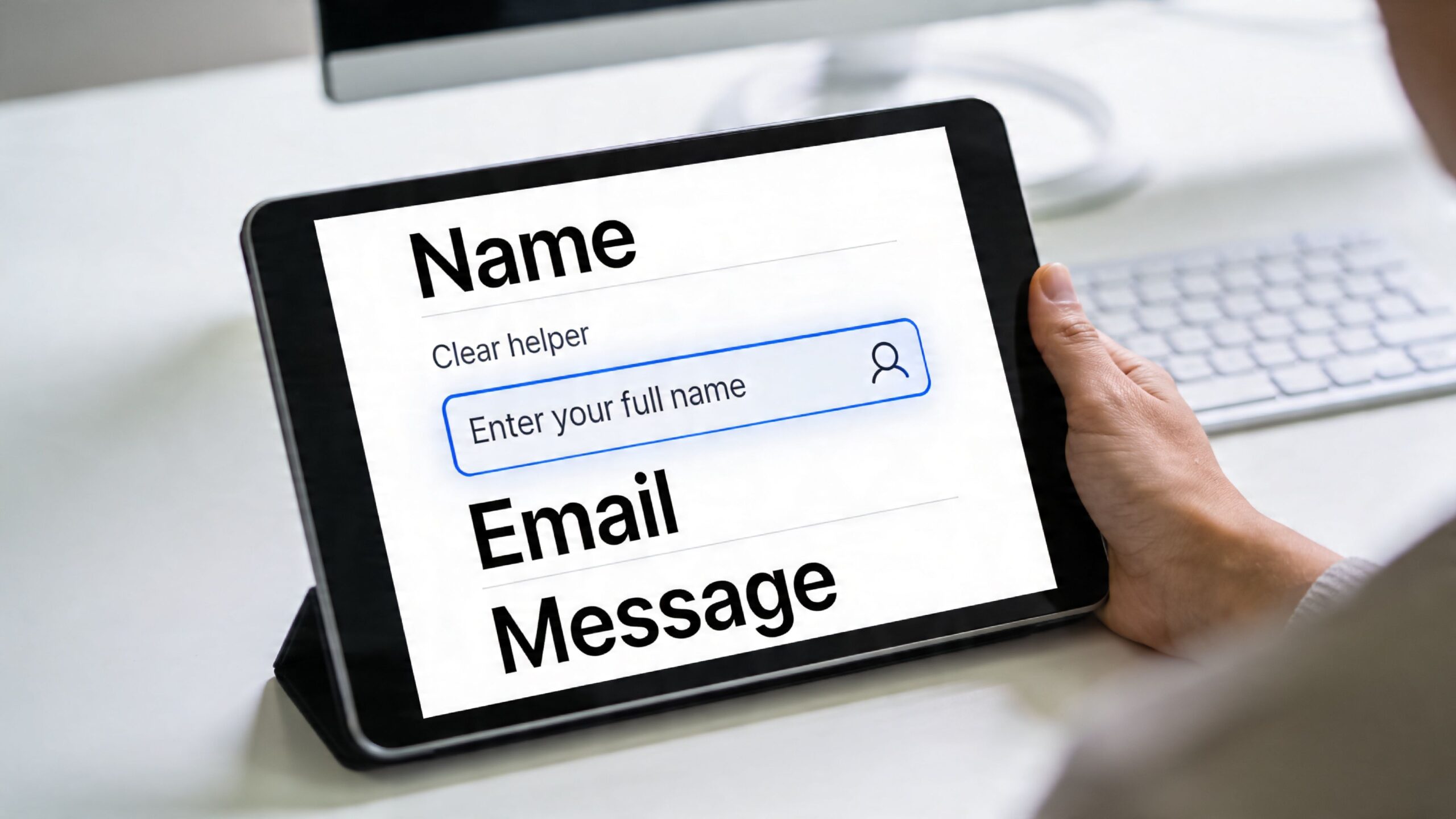 A person holding a tablet displaying a clean, user-friendly digital form interface for user input.