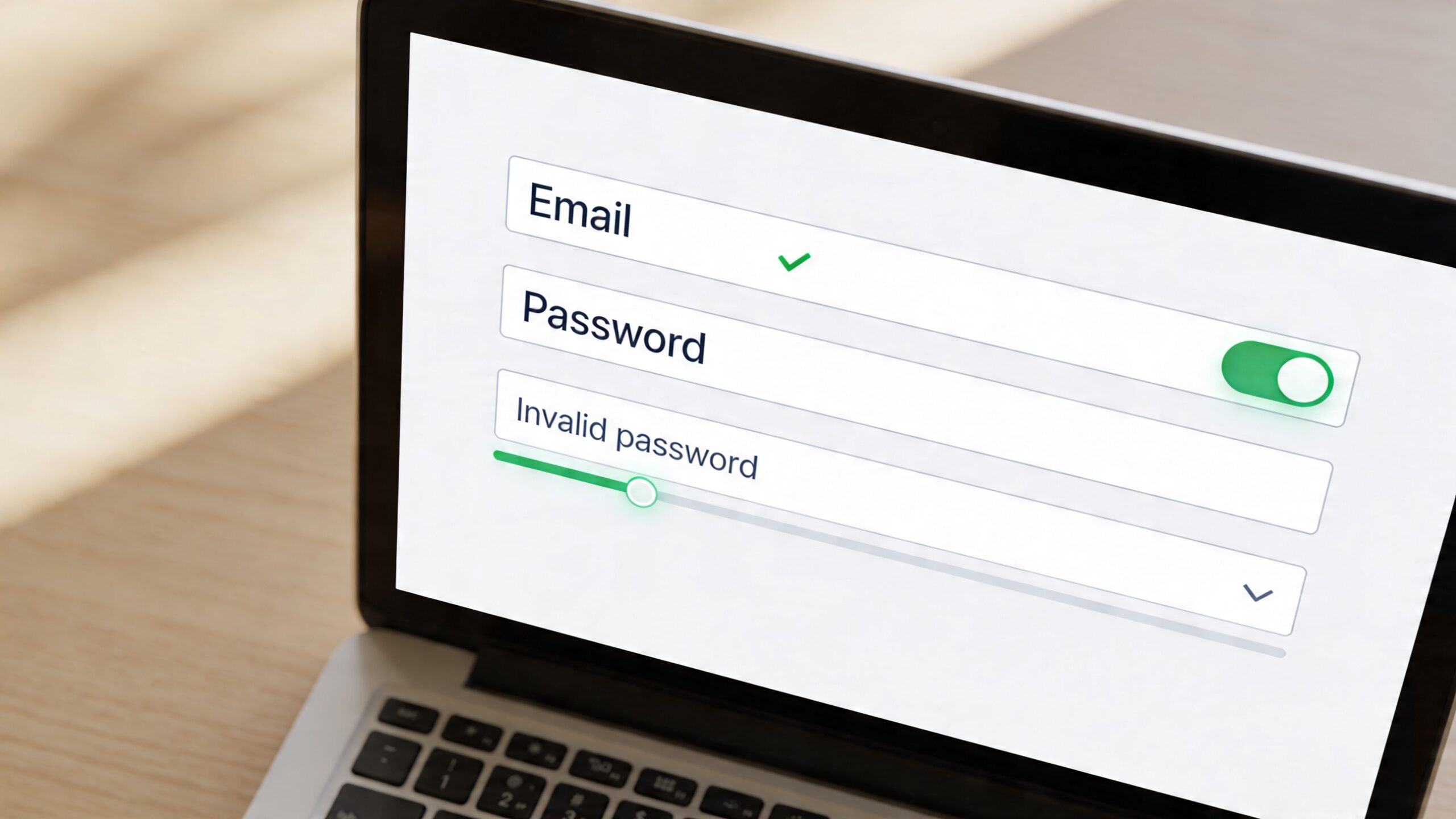 A close up view of a laptop screen displaying a login form with a highlighted invalid password error.