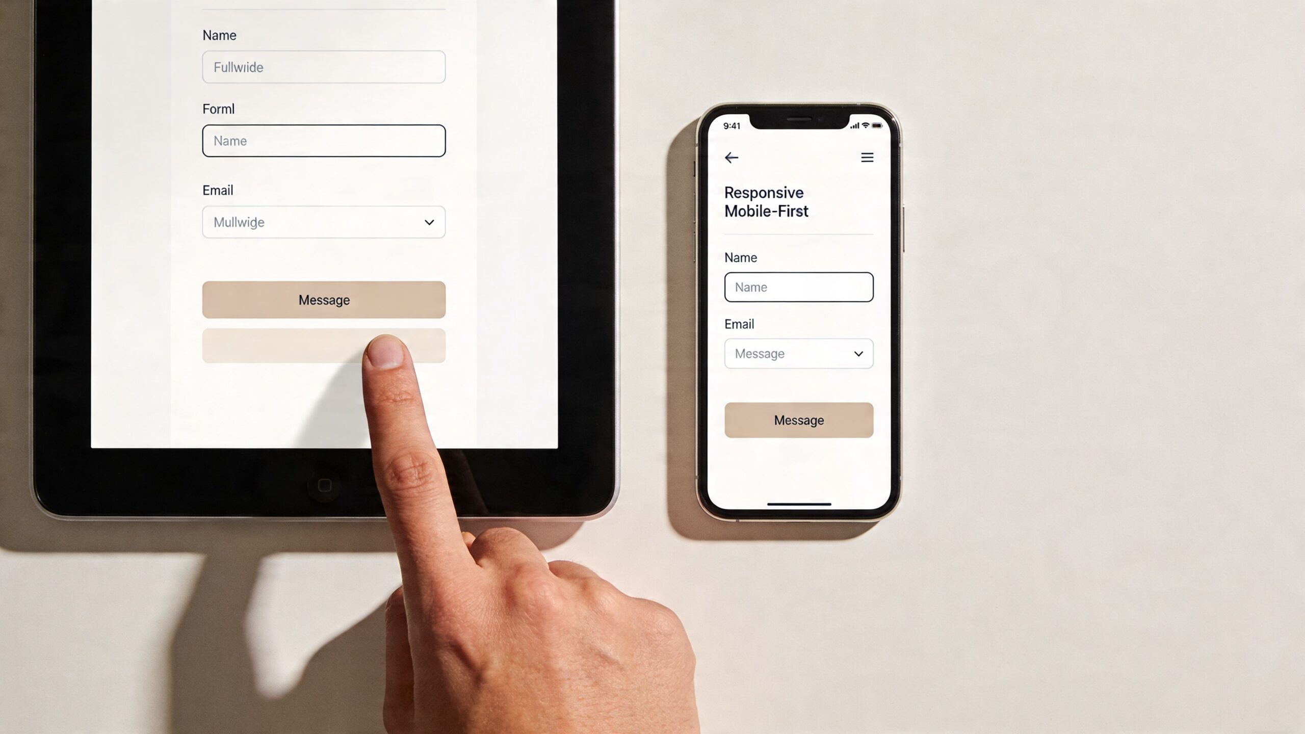 A hand interacting with a tablet displaying a form design next to a smartphone with a similar mobile-responsive layout.