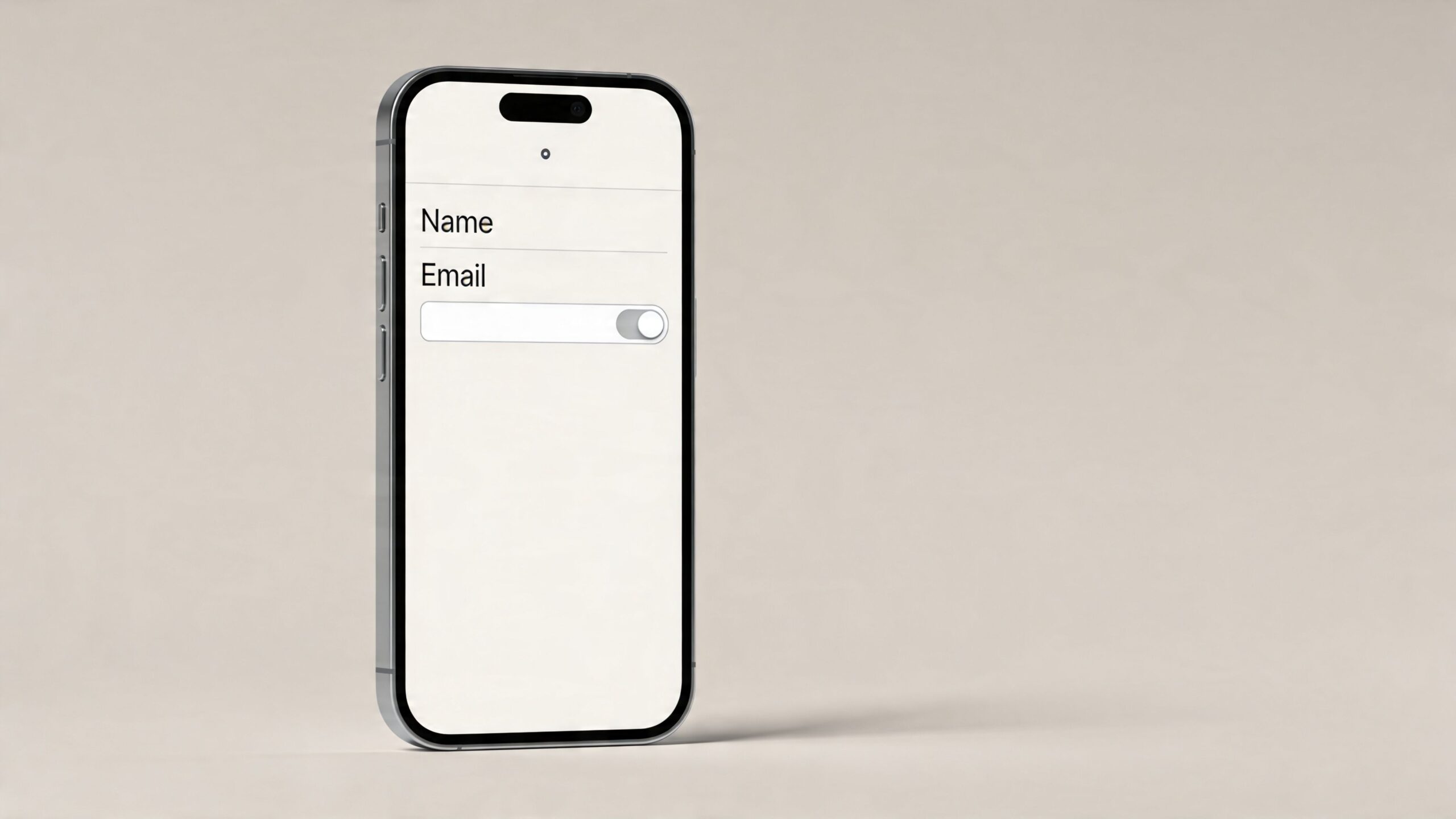 A minimalist smartphone screen display showing a clean registration form with Name and Email input fields.