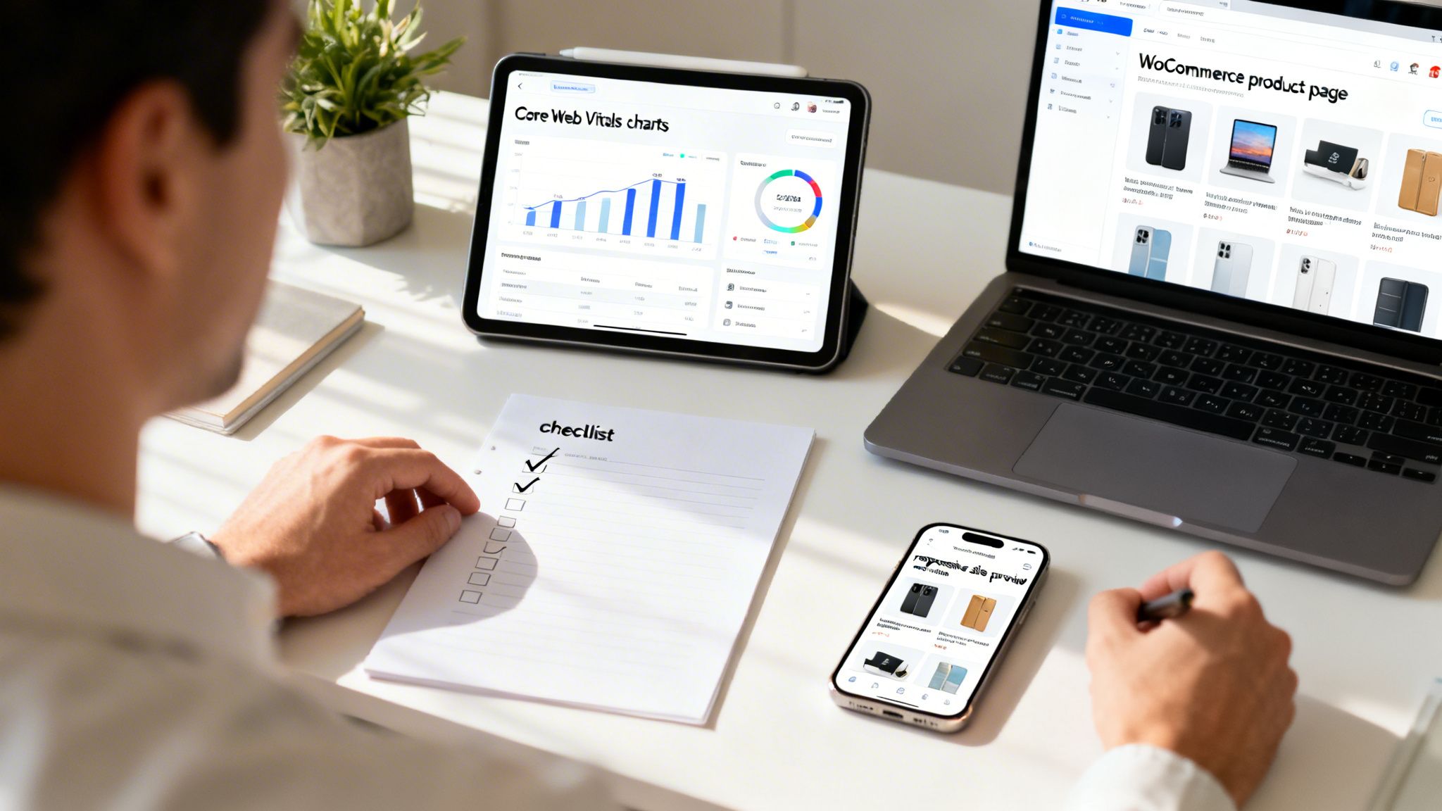 A person reviews website performance charts and e-commerce product pages, ticking a checklist.