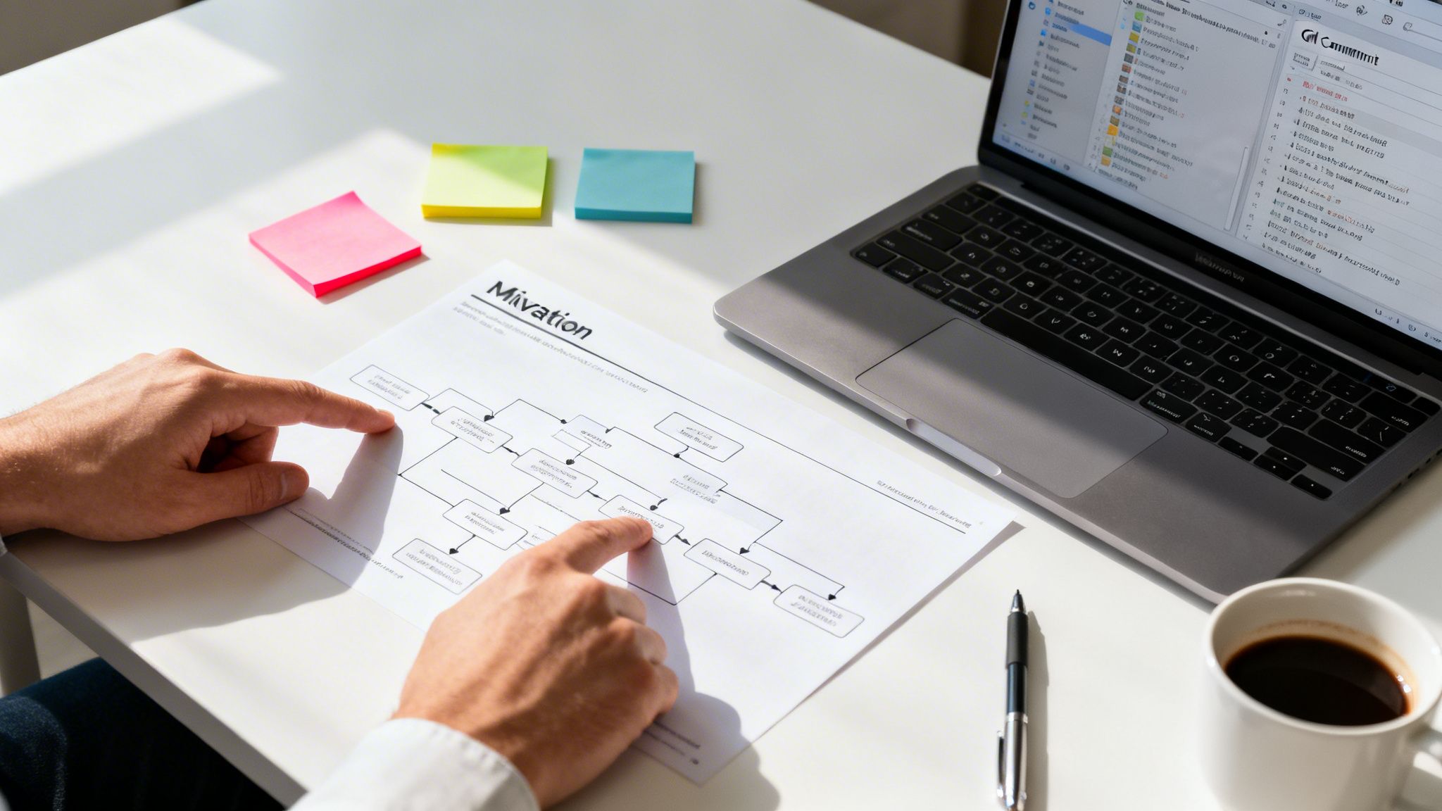 Person's hands pointing to a business flowchart document with a laptop and coffee on a desk.