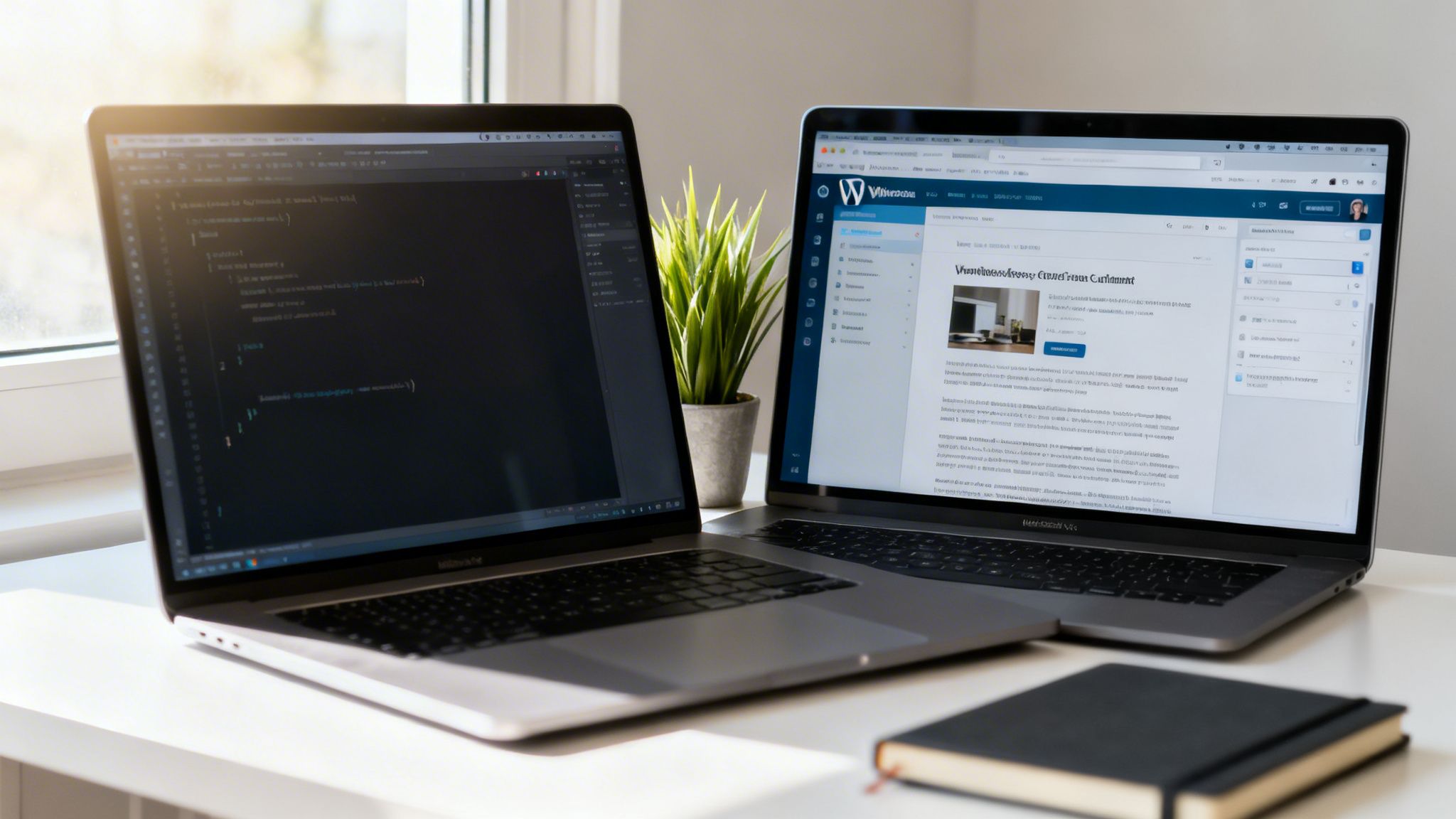 Two laptops on a white desk, one displaying code and the other a WordPress admin panel.