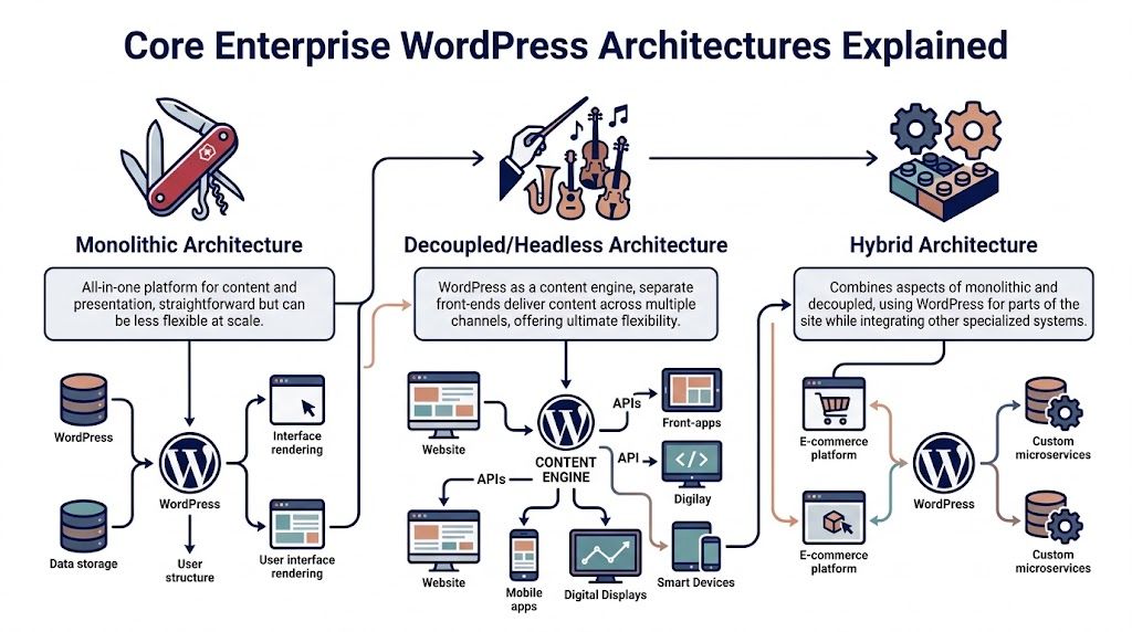 A diagram illustrating Monolithic, Decoupled/Headless, and Hybrid enterprise WordPress architecture models for content management systems.