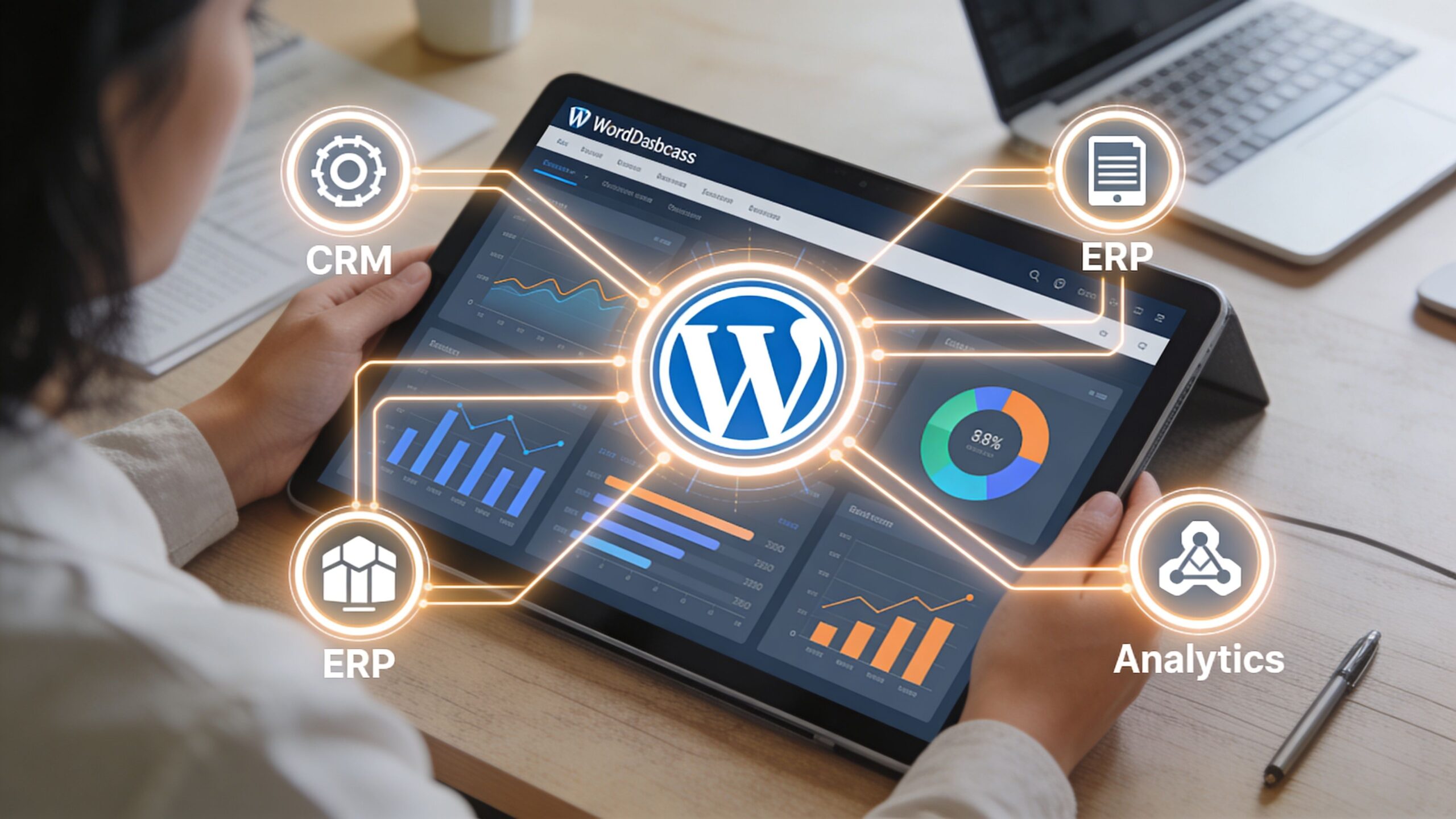 A professional analyzing WordPress enterprise integration dashboards on a tablet screen with connected software icons for business data.