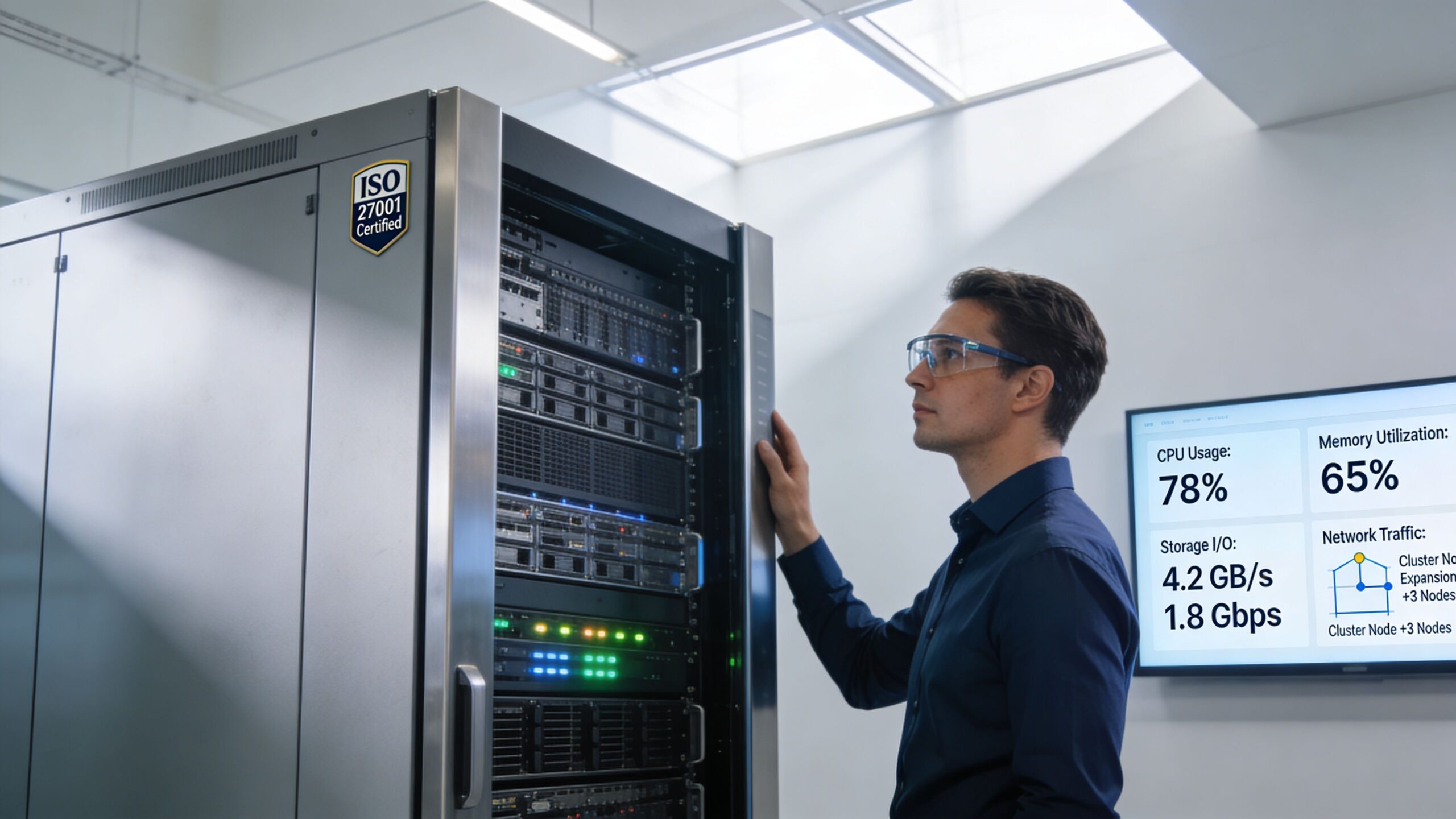 A data center technician wearing protective eyewear inspects a server rack equipped with enterprise wordpress solutions.