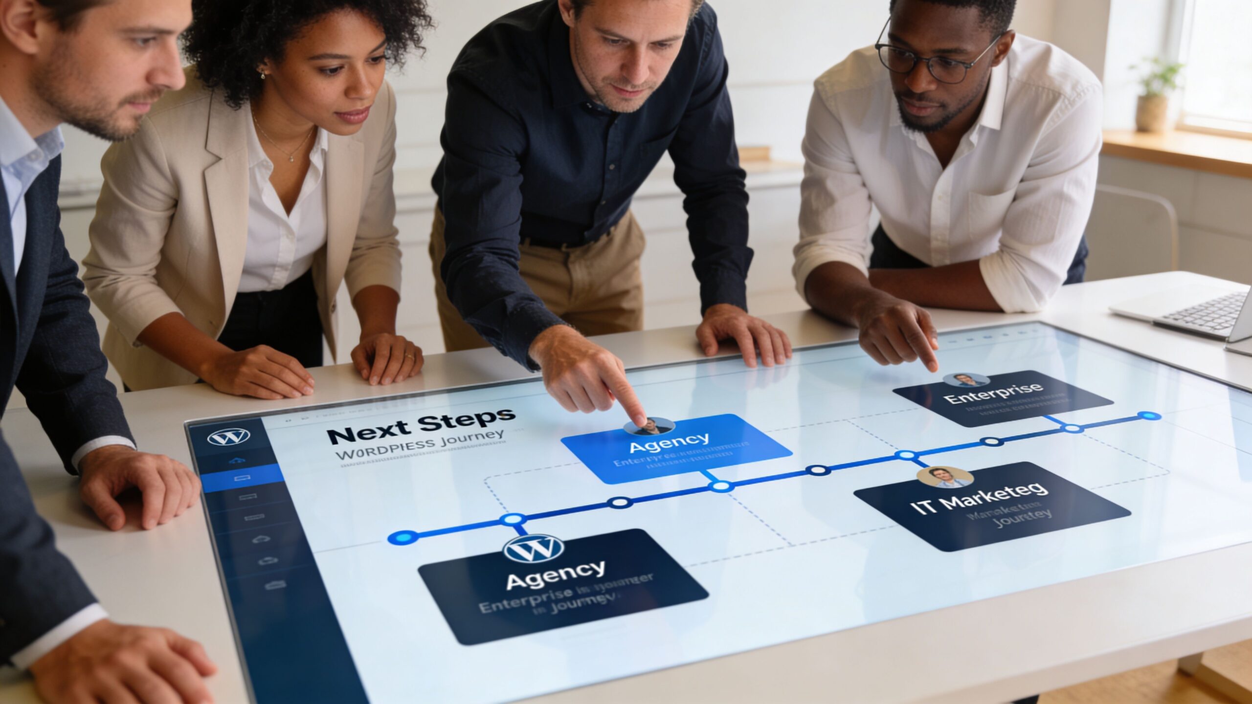 A diverse team of professionals collaboratively analyzing a digital project roadmap on an interactive touch table.