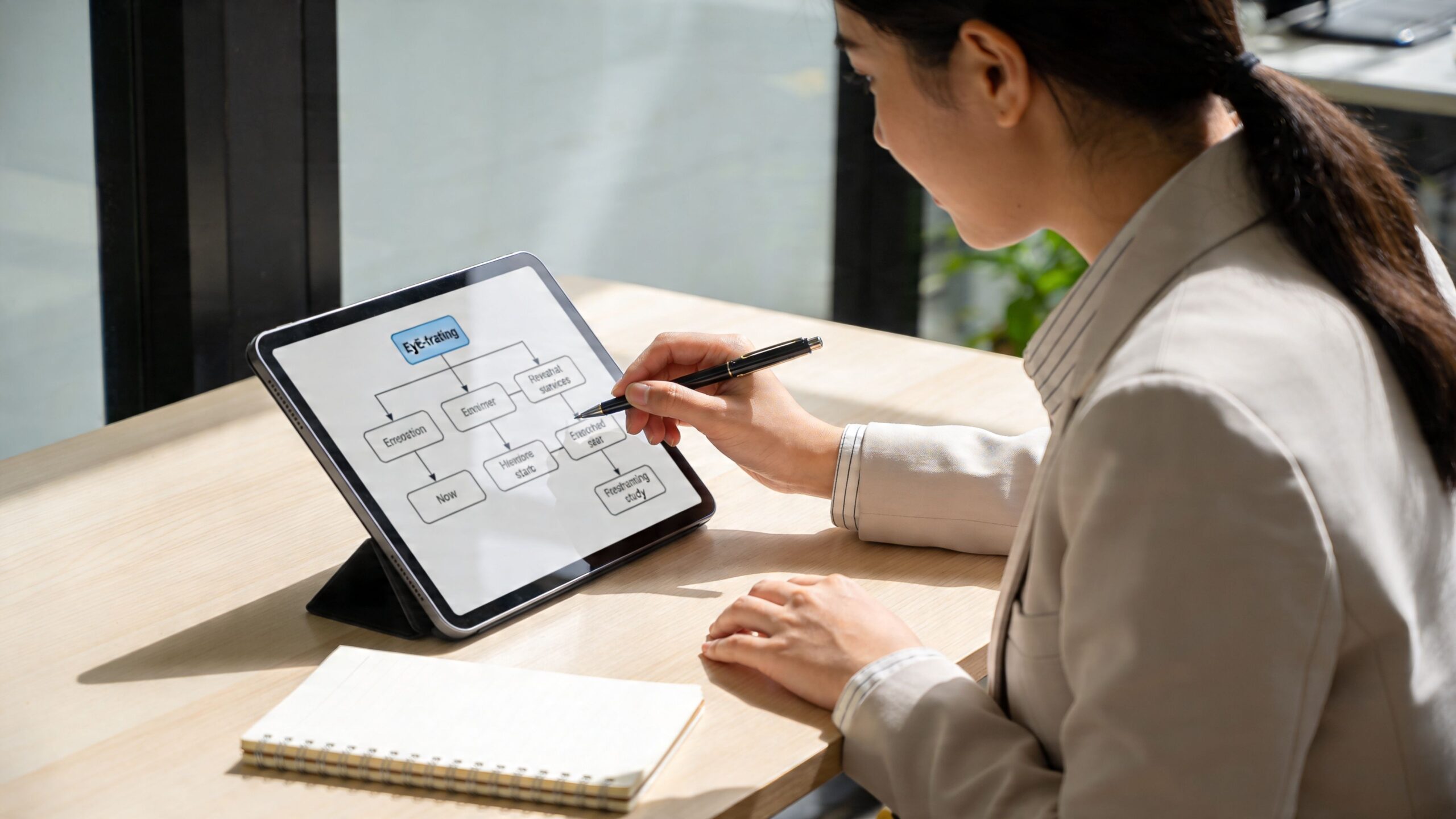 A professional woman in a suit using a stylus to interact with an eye tracking flow chart on a tablet.