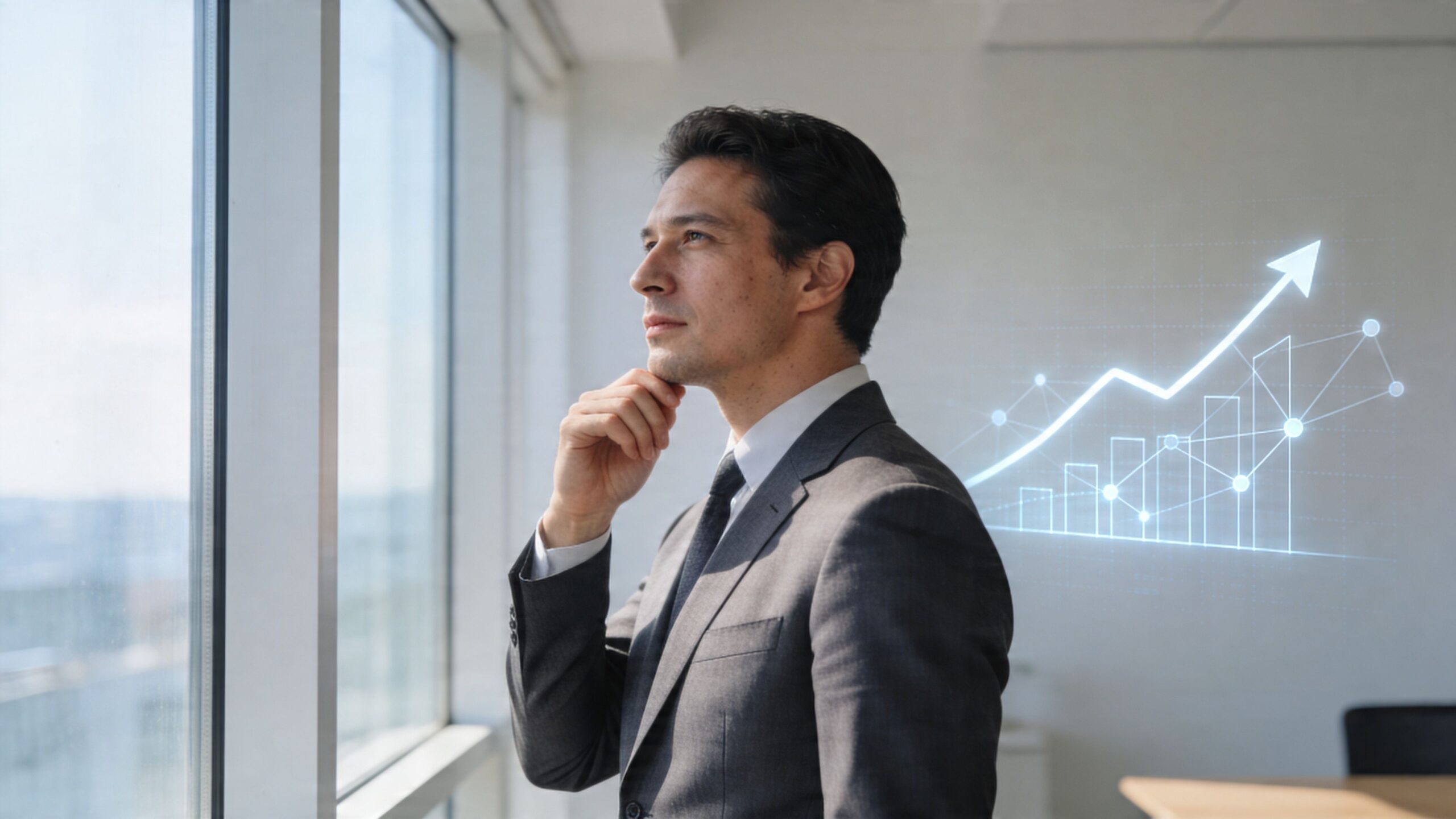 A professional businessman in a suit looks out an office window while analyzing business growth metrics.