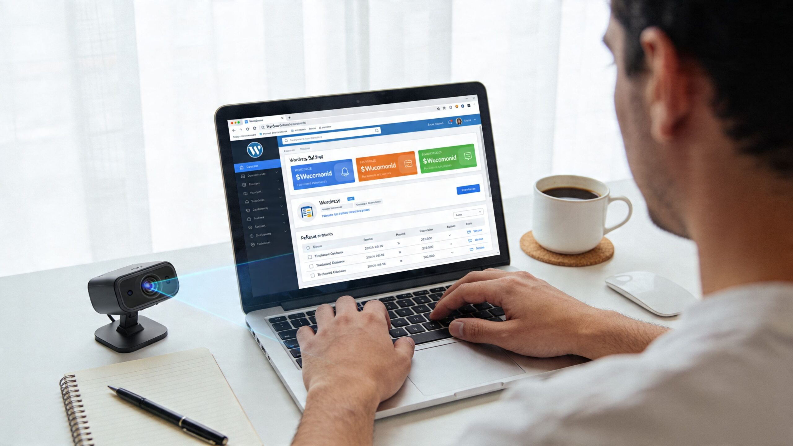 A person using a laptop with eye tracking technology to browse a website interface at a workspace.