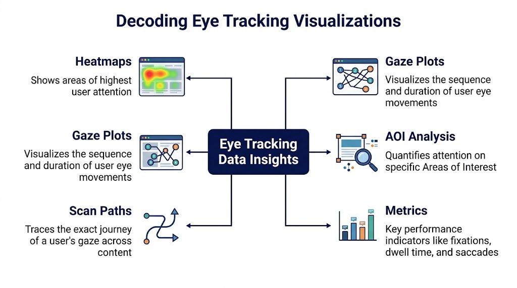 An infographic titled Decoding Eye Tracking Visualizations explaining heatmaps, gaze plots, scan paths, AOI analysis, and metrics.