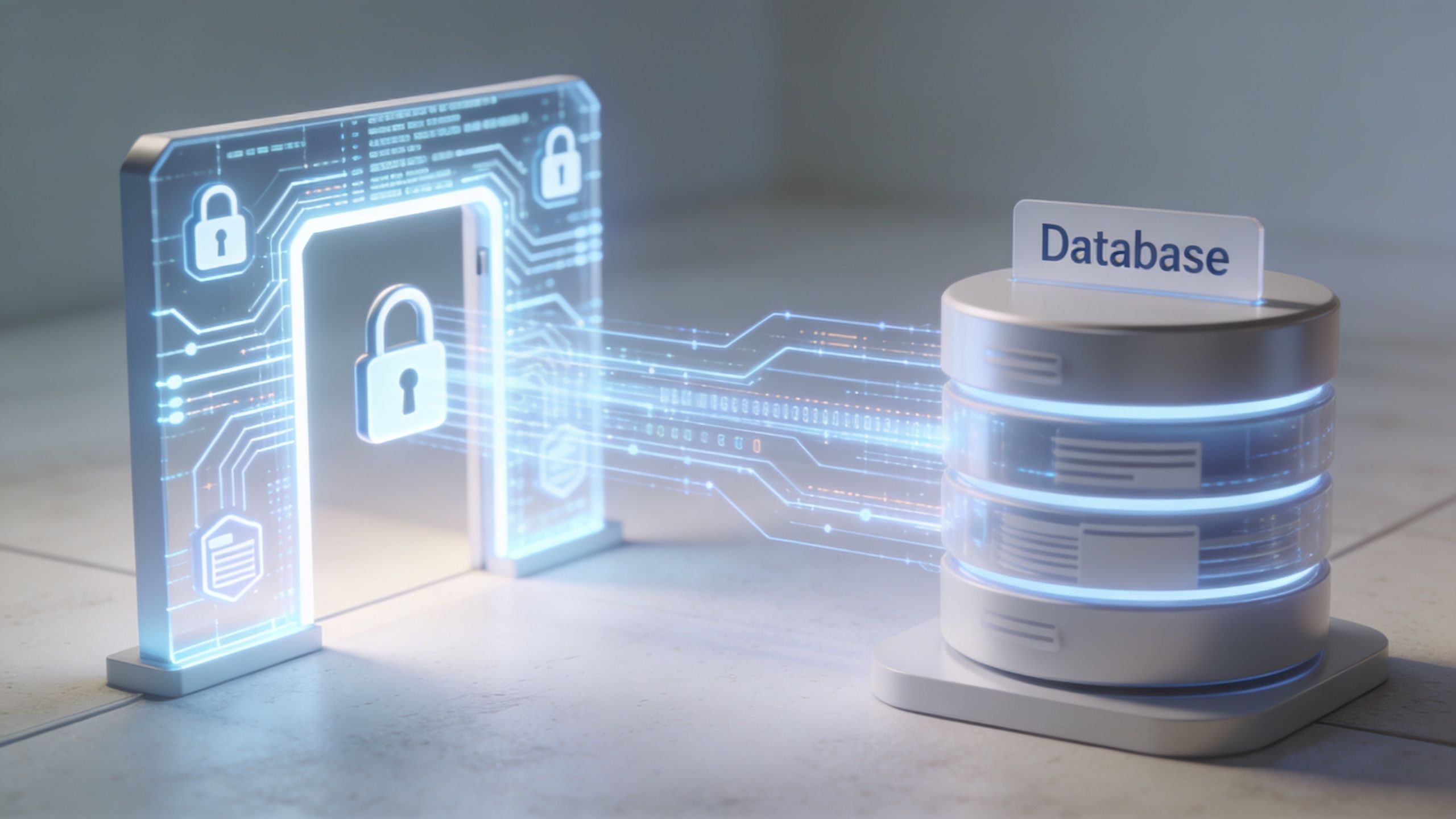 A digital graphic showing a secure gateway connecting to a database icon representing data security and access.