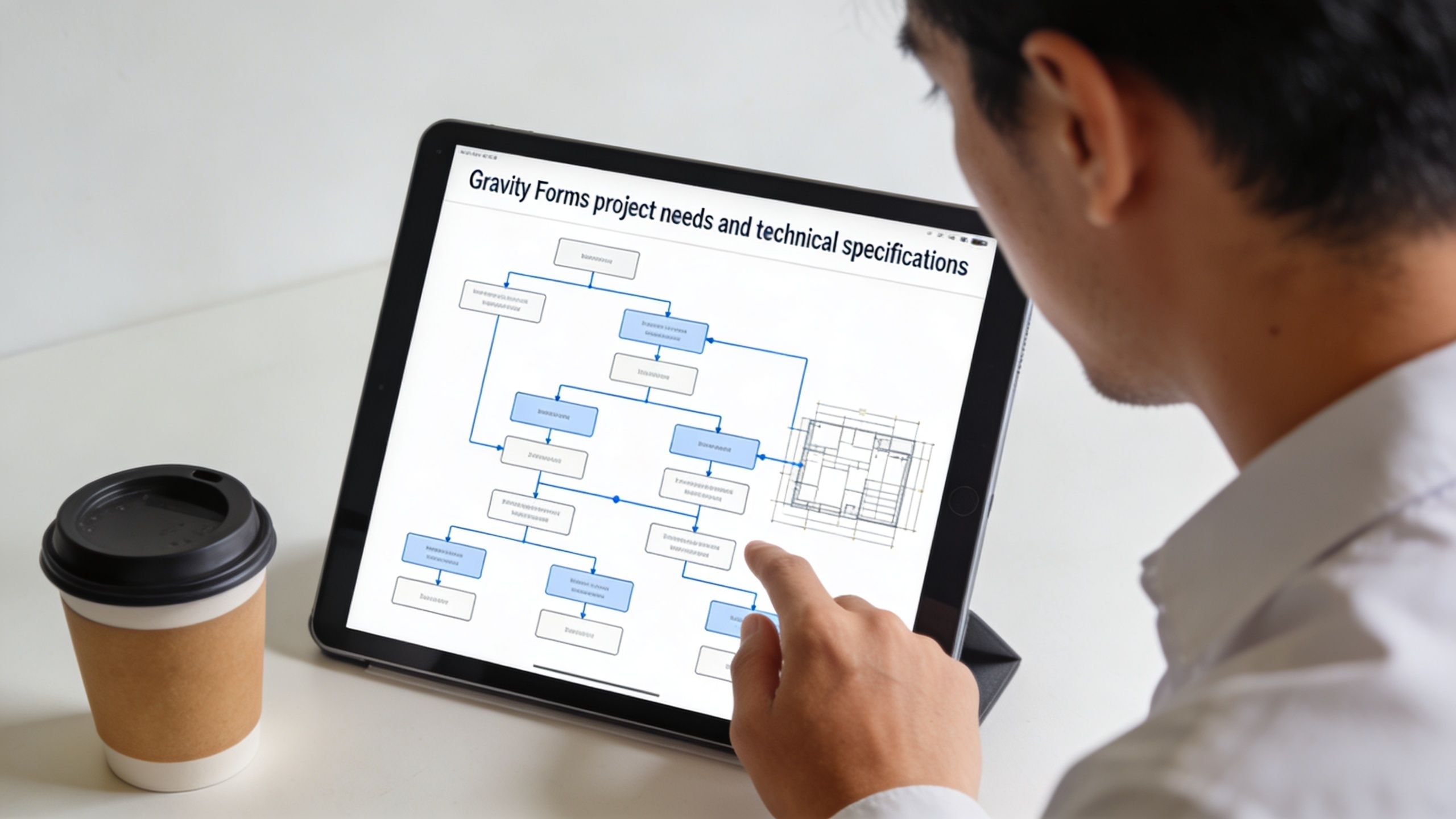 A professional analyzing a flowchart project diagram about technical specifications on a tablet screen.