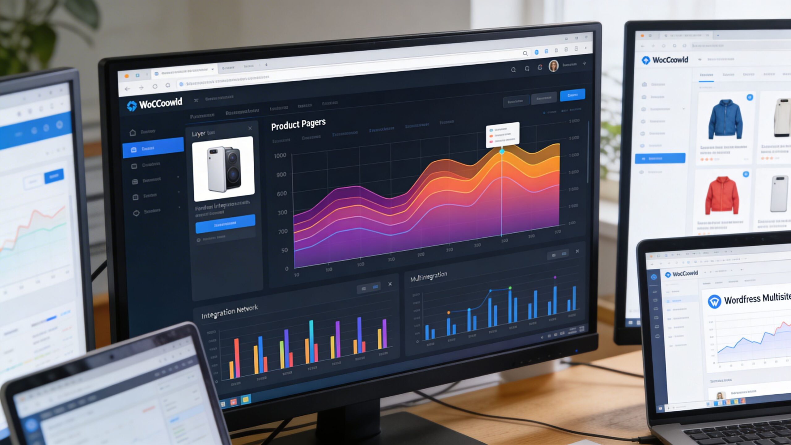 A professional office workspace featuring multiple computer screens displaying analytics dashboards and product data charts.