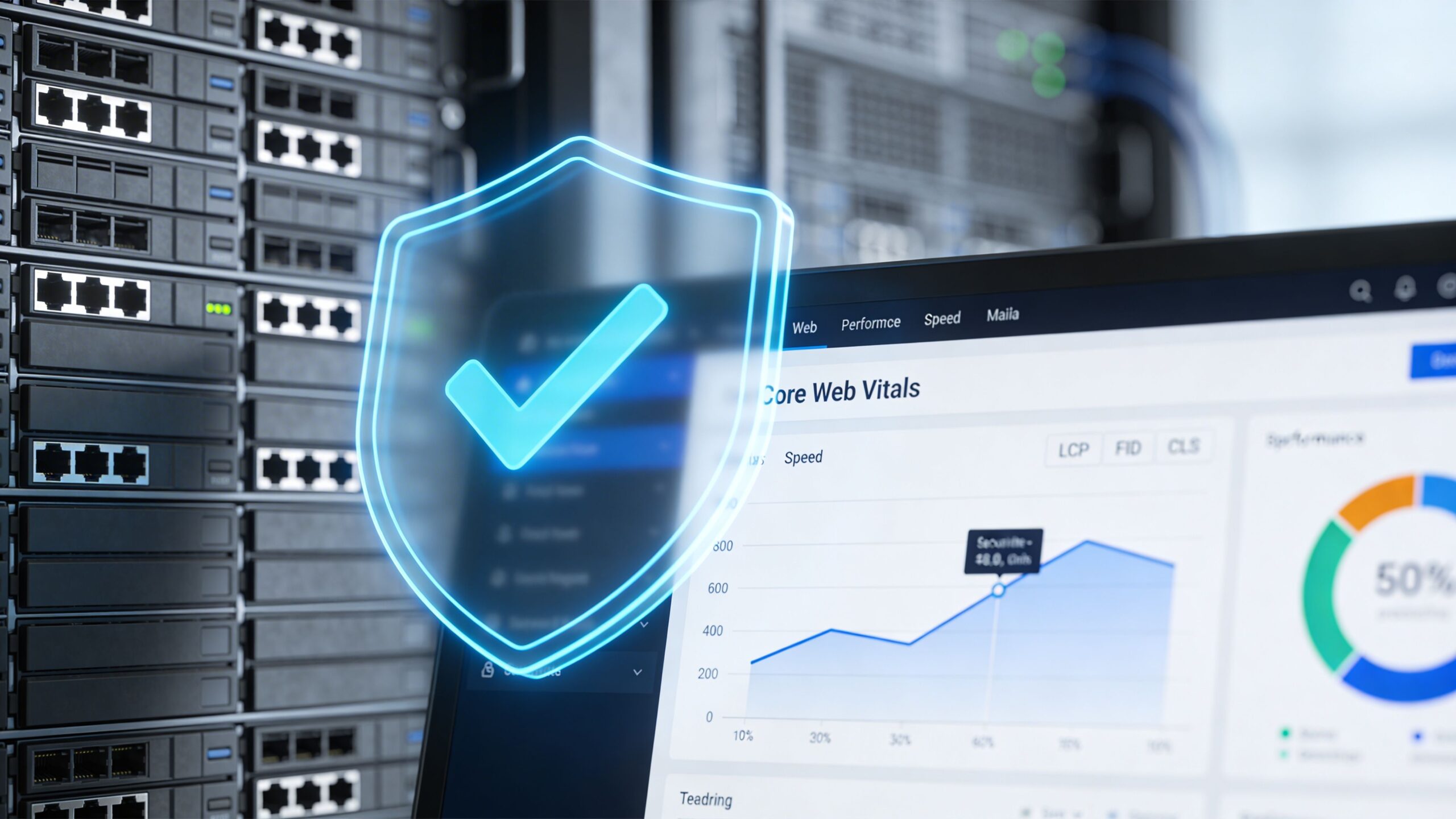 A conceptual image showing a computer screen with web performance analytics alongside server rack hardware.