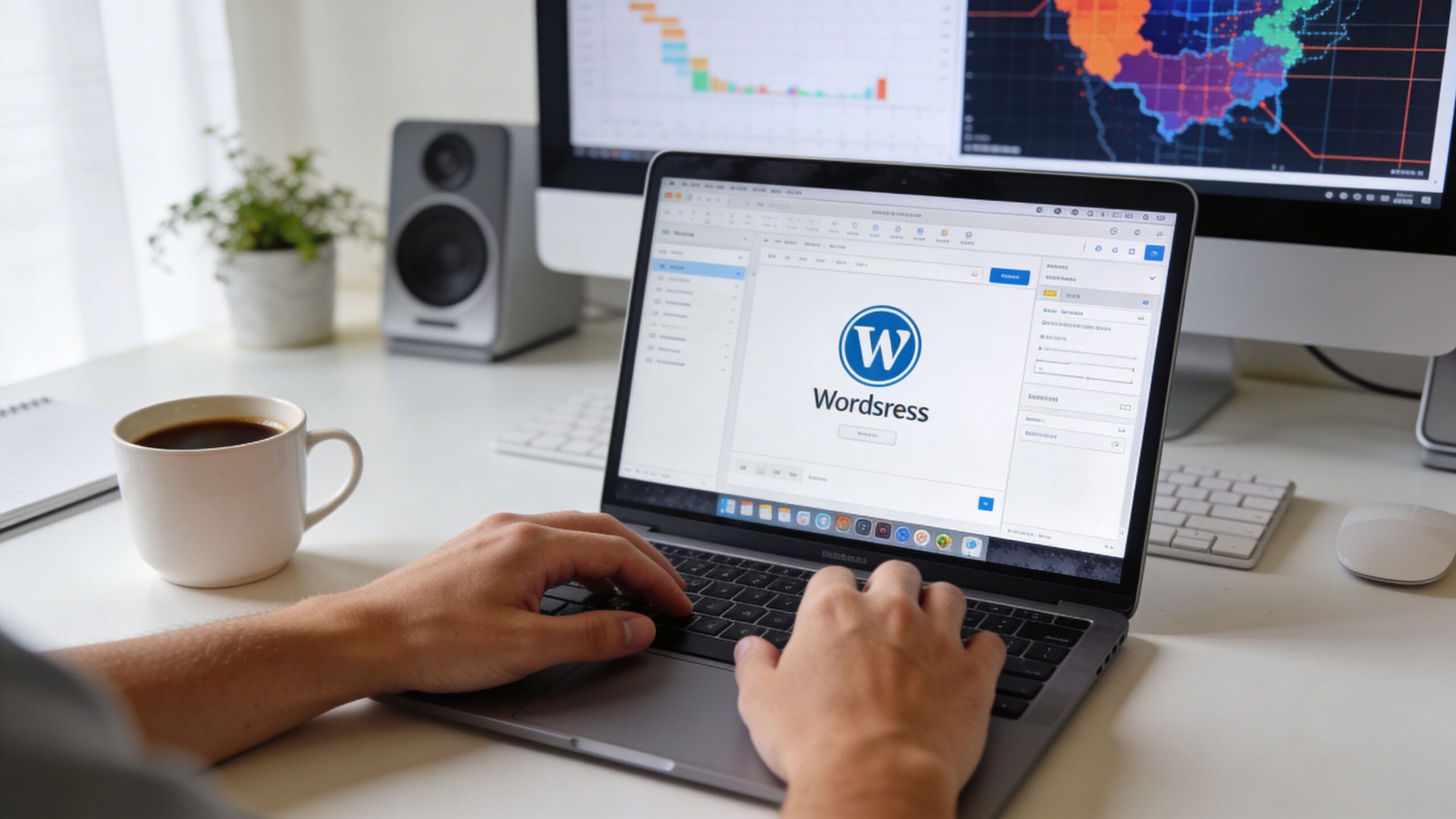 A person working on a laptop displaying a website design interface with the WordPress logo and branding