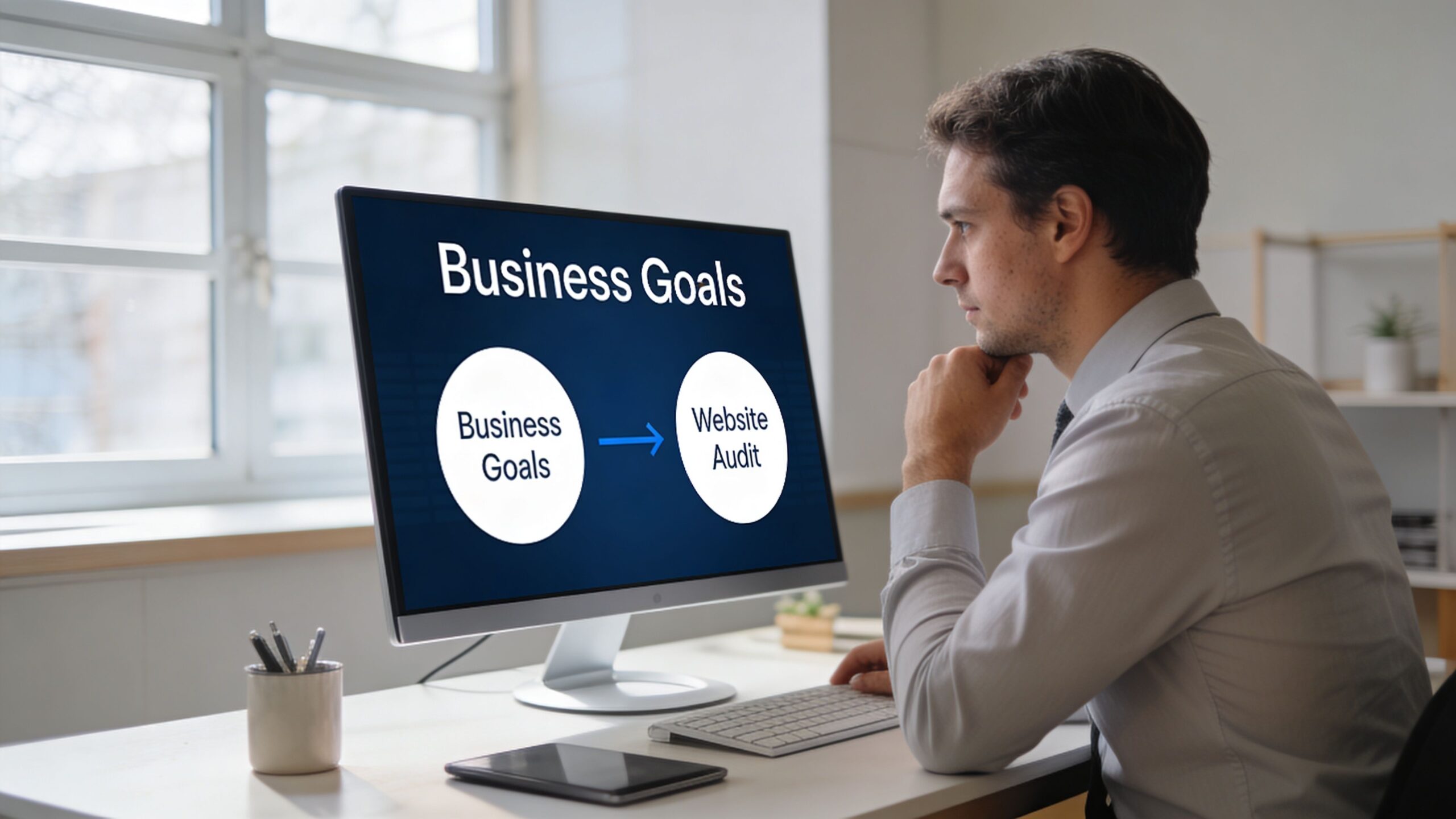 A professional man sitting at a desk looking at a monitor displaying business goals and website audit.