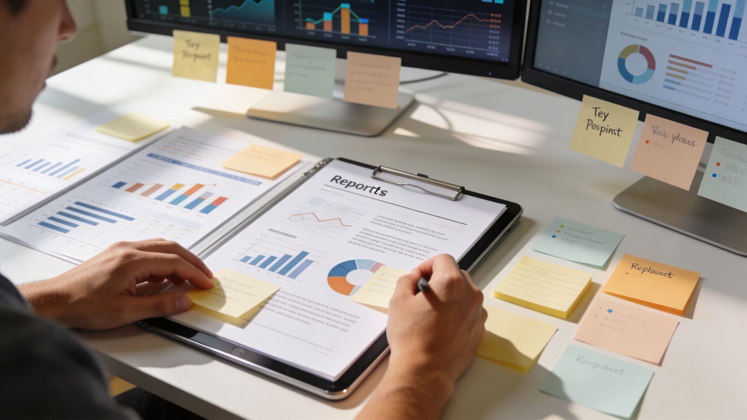 A professional analyzing financial reports and business charts on a desk with multiple monitors and sticky notes.