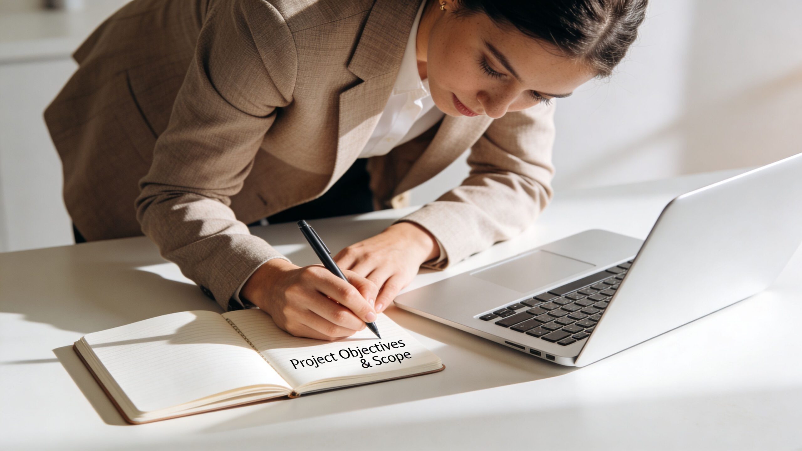 A professional woman writing Project Objectives and Scope in a notebook while working at her laptop.