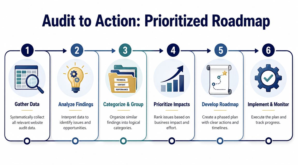 A six-step infographic showing a process for turning website audit data into a prioritized action roadmap.