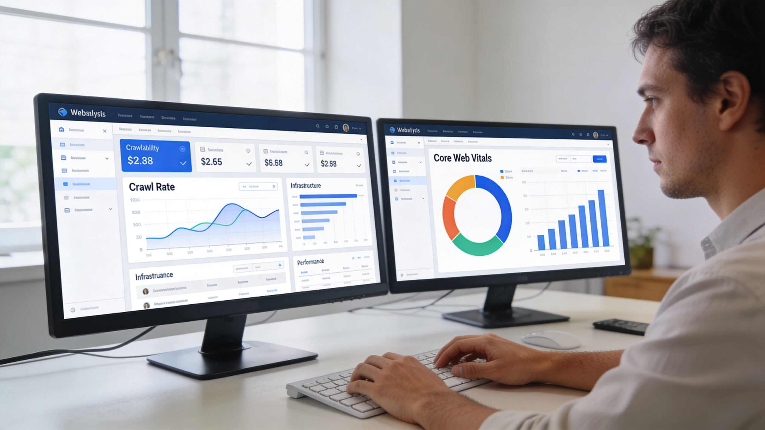 A man working on dual computer monitors displaying website analytics data for search engine optimization audit.