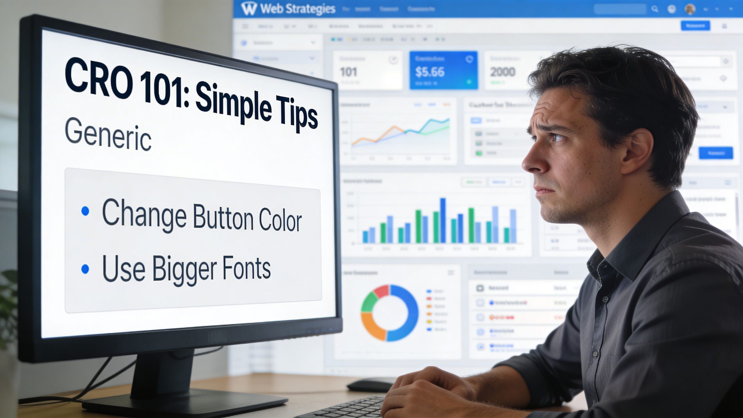 A concerned marketing professional analyzing website conversion rate data on a large computer monitor in an office.