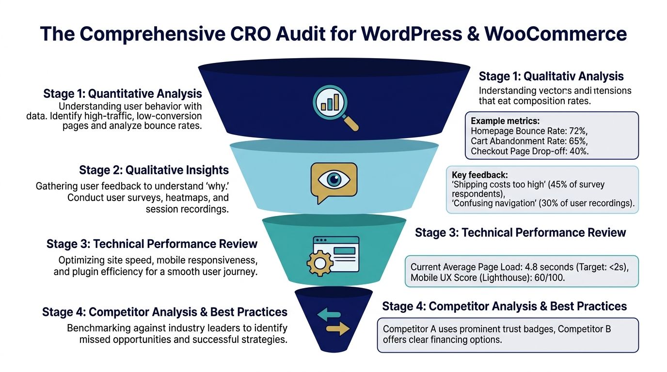 A four-stage funnel graphic outlining a comprehensive conversion rate optimization audit for WordPress and WooCommerce websites.