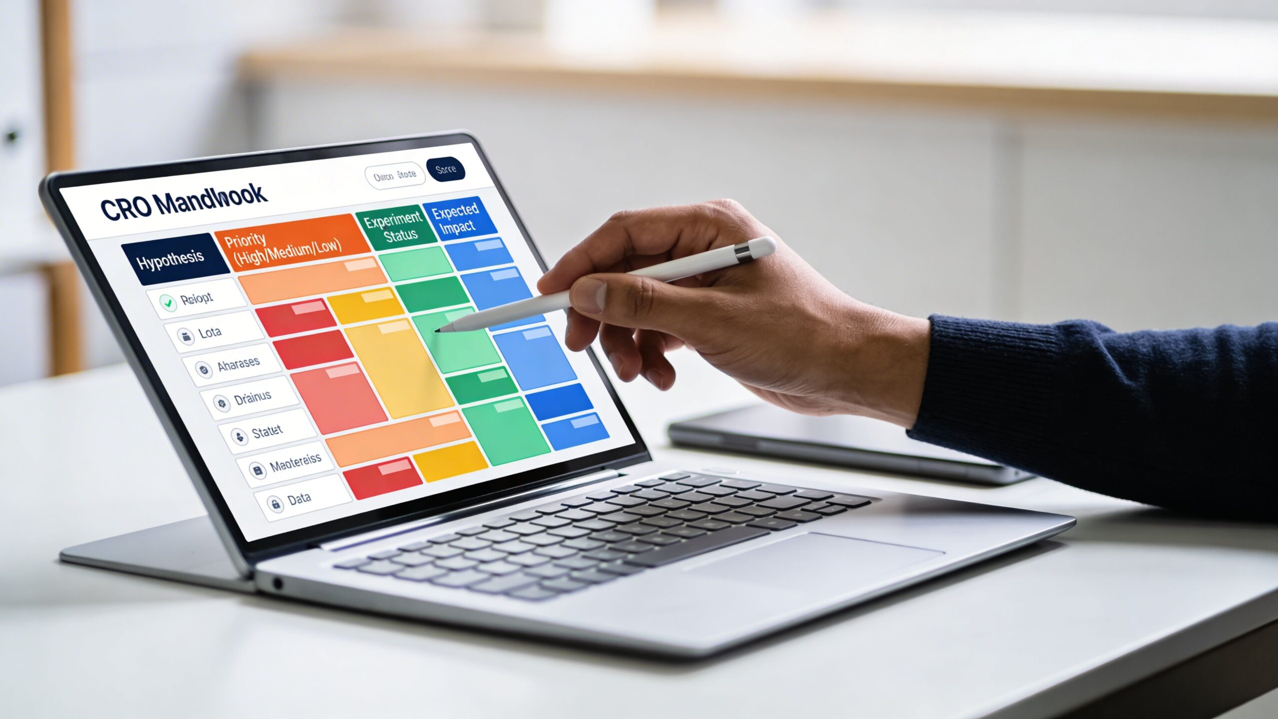 A professional analyzing a conversion rate optimization board on a laptop screen using a digital pen.