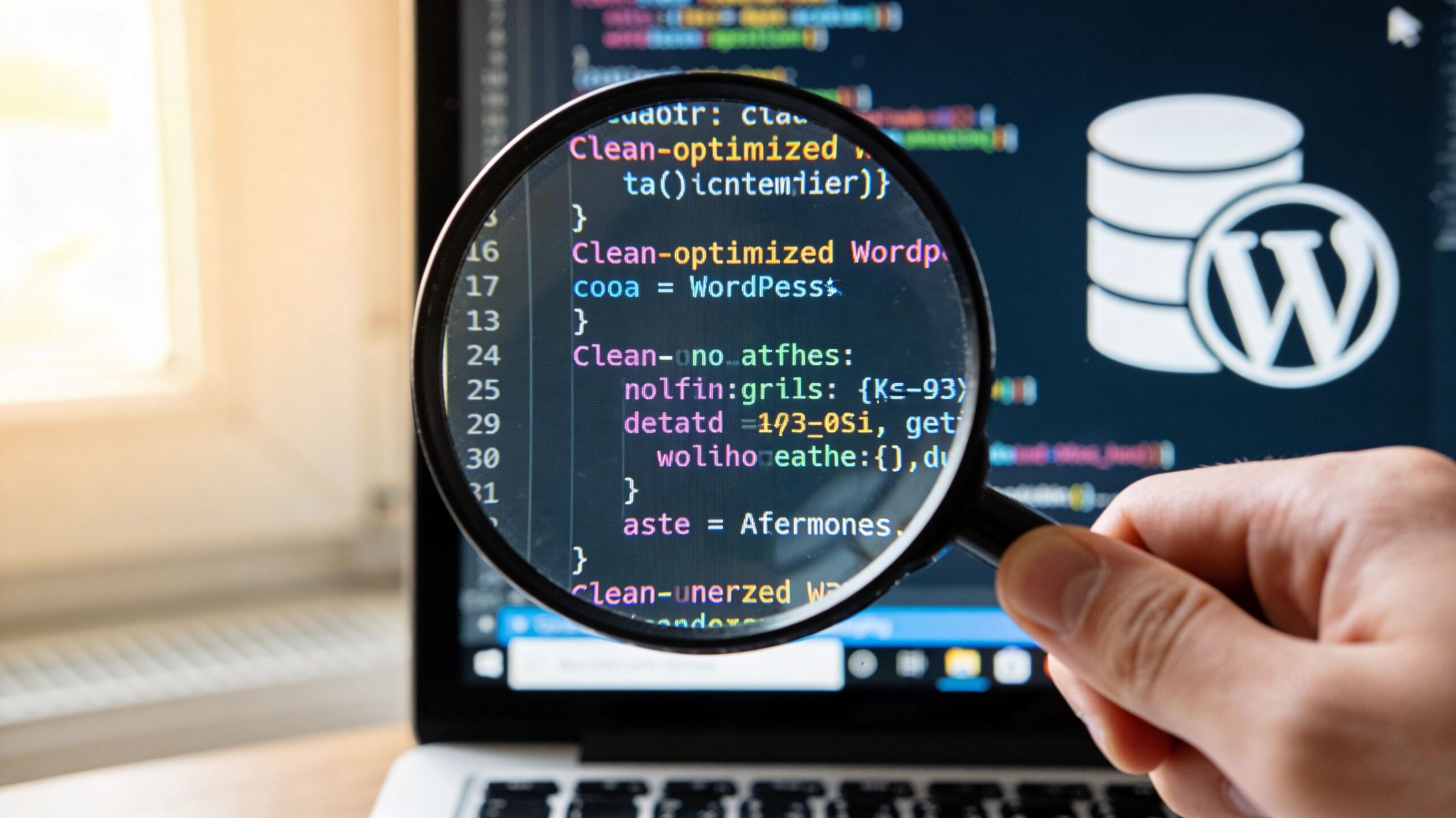 A hand holds a magnifying glass over computer code on a screen to analyze WordPress website performance.