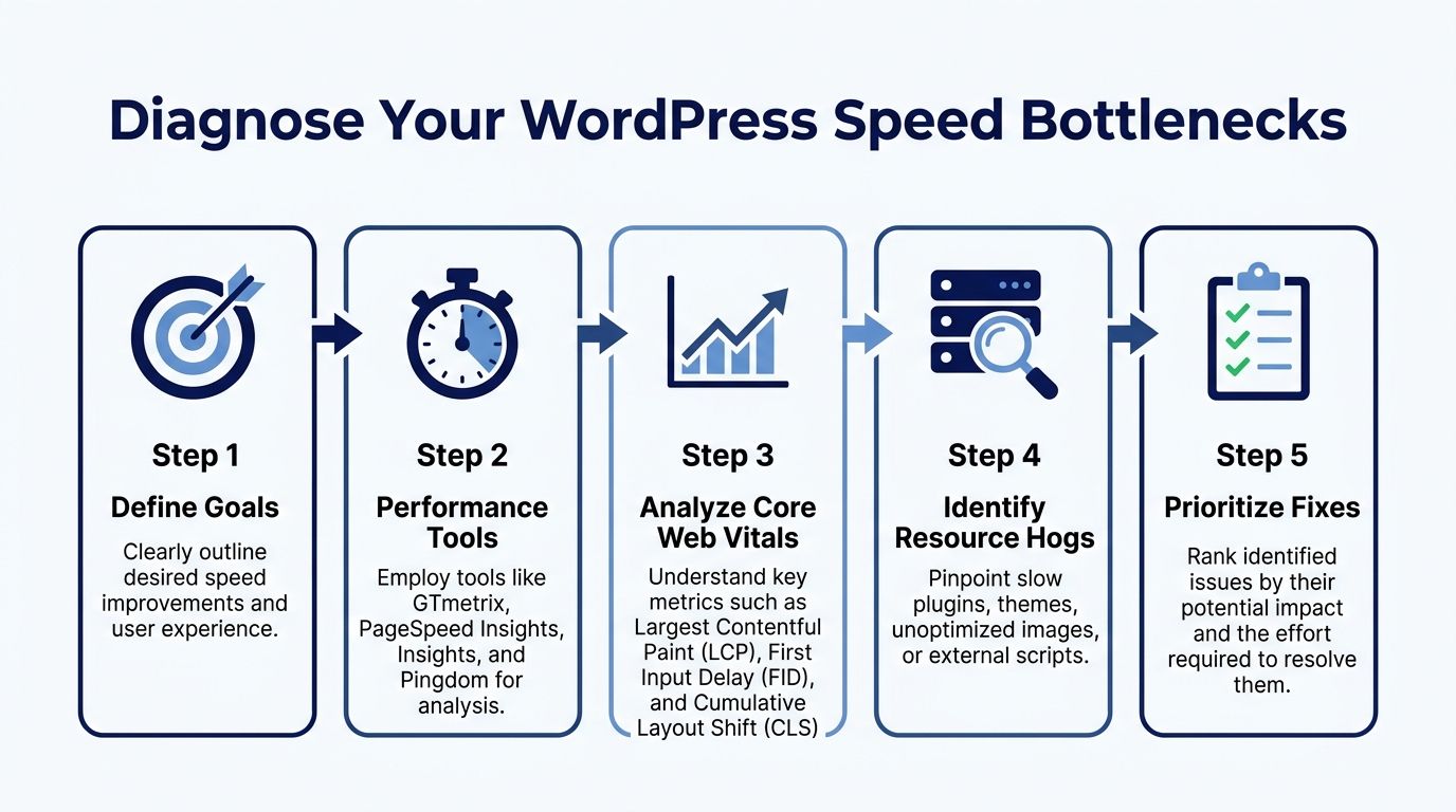 A five-step infographic showing how to diagnose and improve WordPress website speed bottlenecks for better performance.