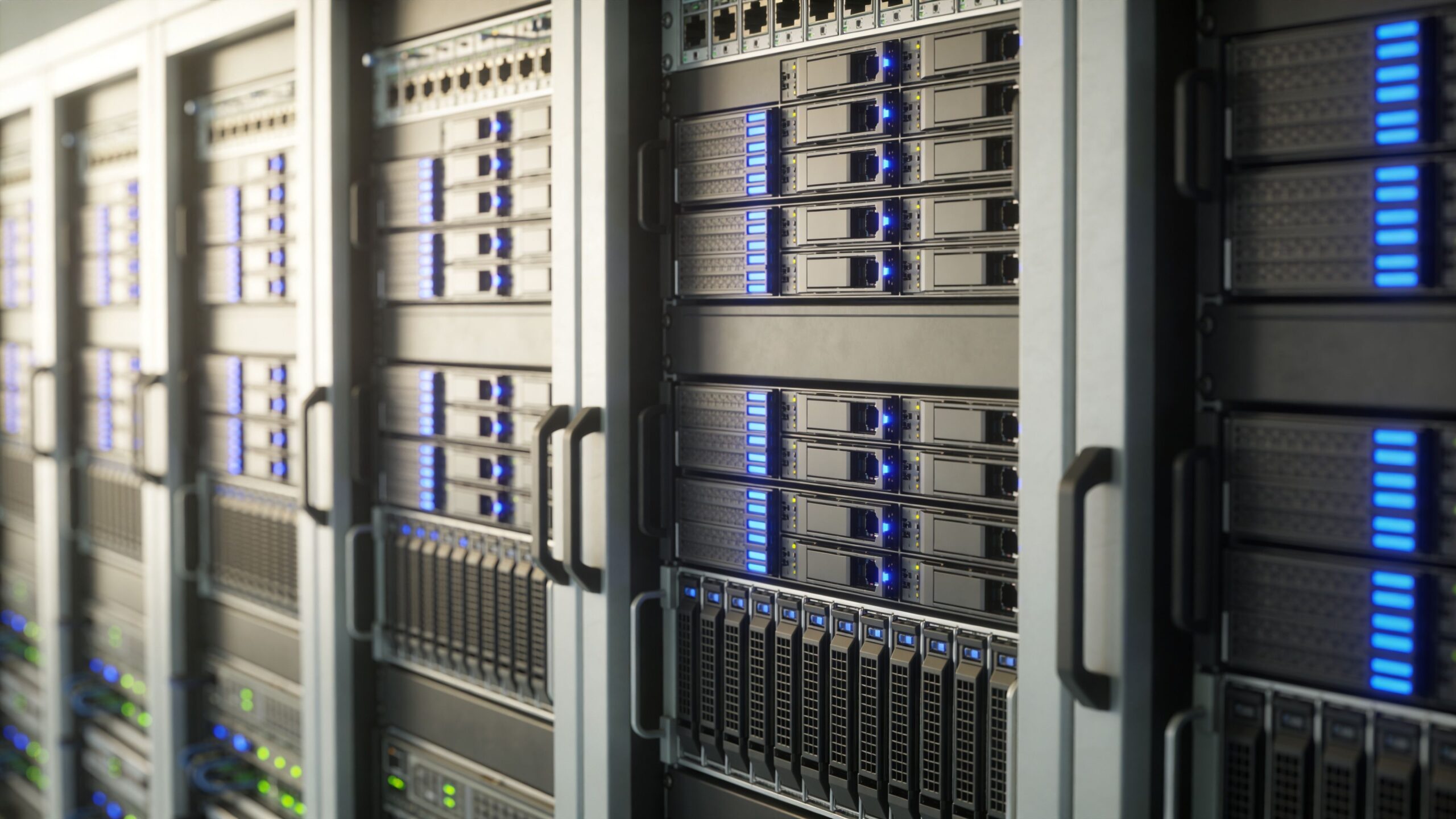 A rows of high performance server racks in a modern data center with blue status lights blinking.