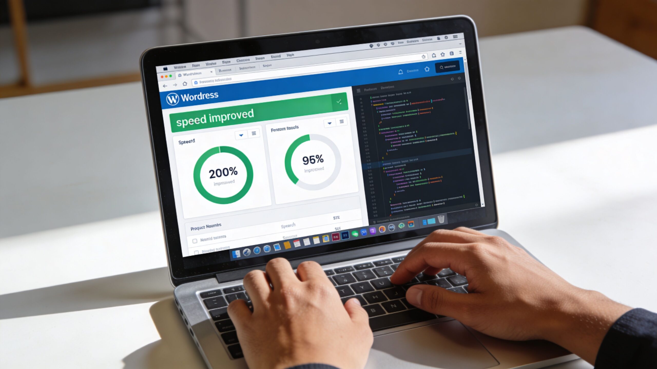 A developer working on a laptop to optimize a WordPress website for improved loading speed performance.