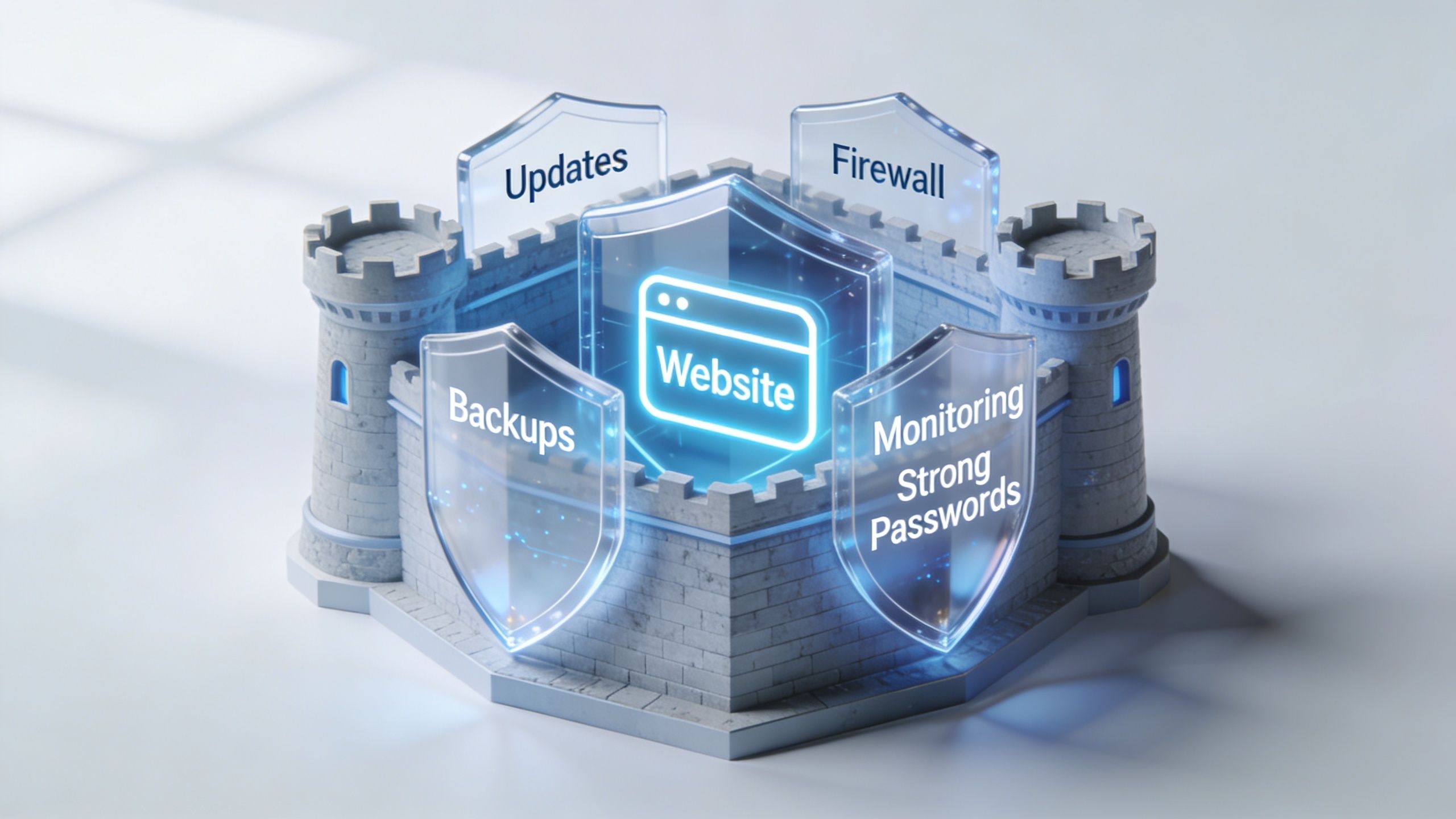 A 3D illustration of a website protected by digital shields representing updates, firewall, backups, monitoring, and passwords.