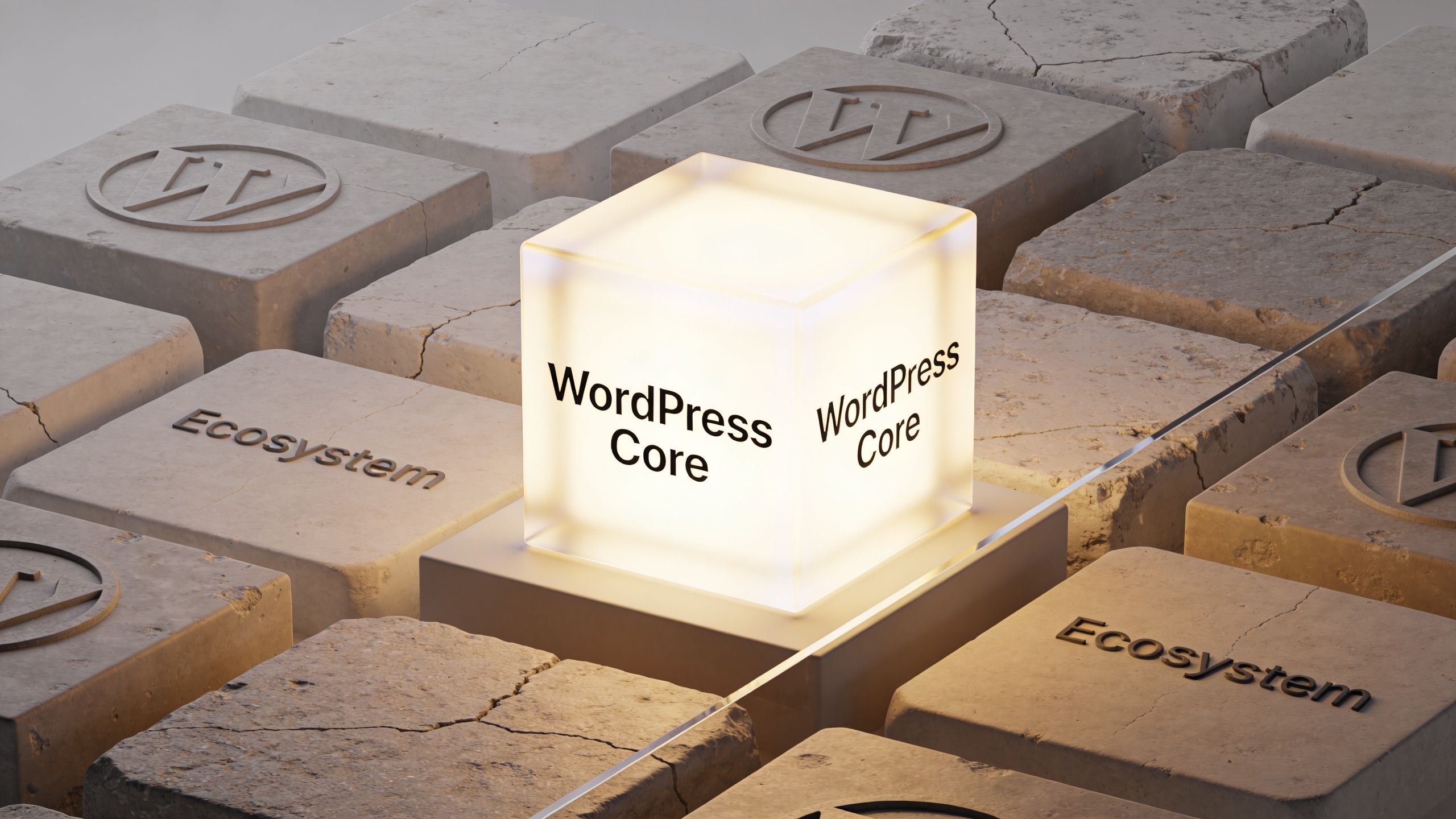 A glowing cube labeled WordPress Core centered among weathered stone blocks in a digital 3D environment.