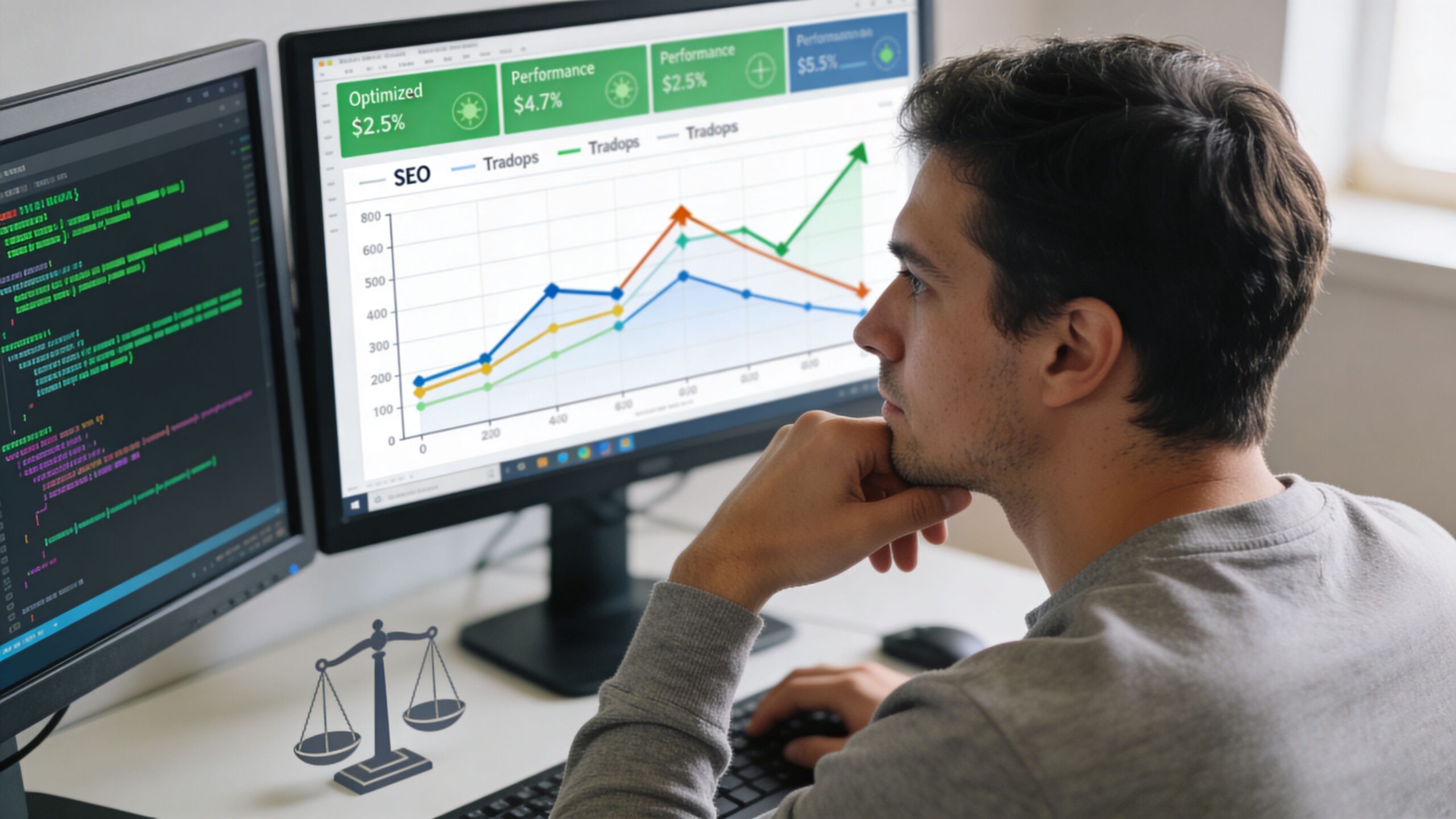 A male developer working on code and performance analytics on two computer monitors in an office.
