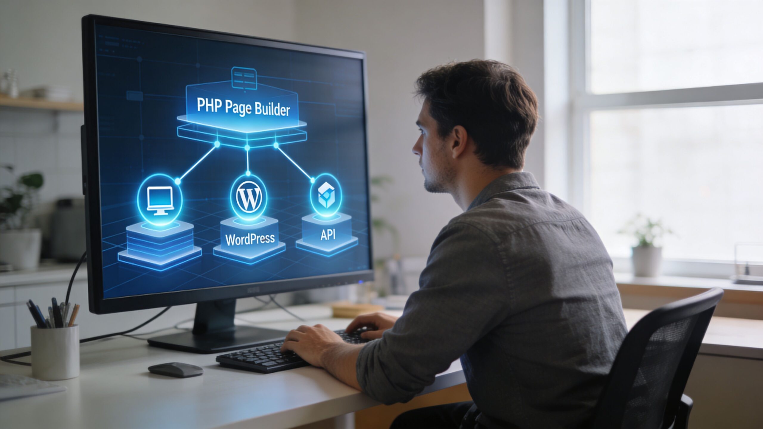 A professional developer sitting at a desk and working on a PHP page builder software interface.